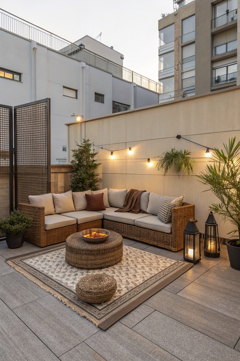 An outdoor patio with an L-shaped wicker sectional sofa, a round fire pit on a woven base, an area rug, string lights along the wall, and several potted plants.