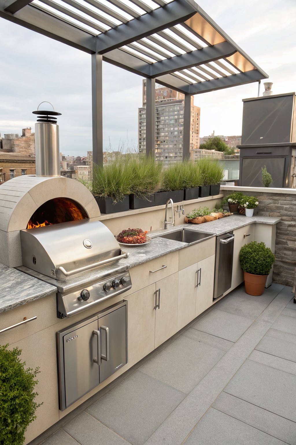 Rooftop outdoor kitchen with stainless steel grill, pizza oven, sink, and light-colored cabinets under a pergola, surrounded by city buildings.