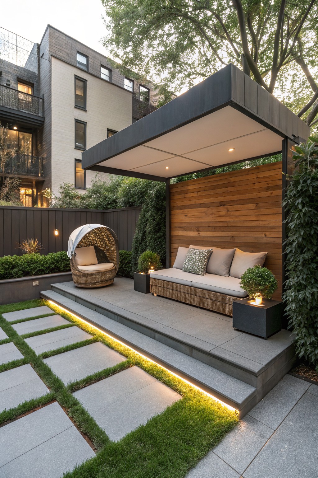 An outdoor patio features a long cushioned bench under a flat canopy against a wood wall, with a woven chair nearby and steps lit by LED strips.