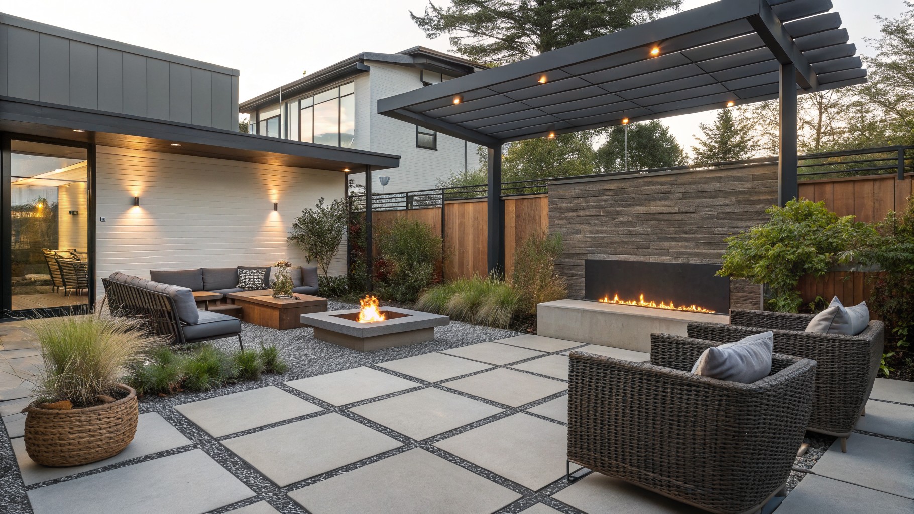 A modern outdoor patio with a dark metal pergola, built-in lighting, concrete fire pit, and seating area surrounded by wood fencing and plants.