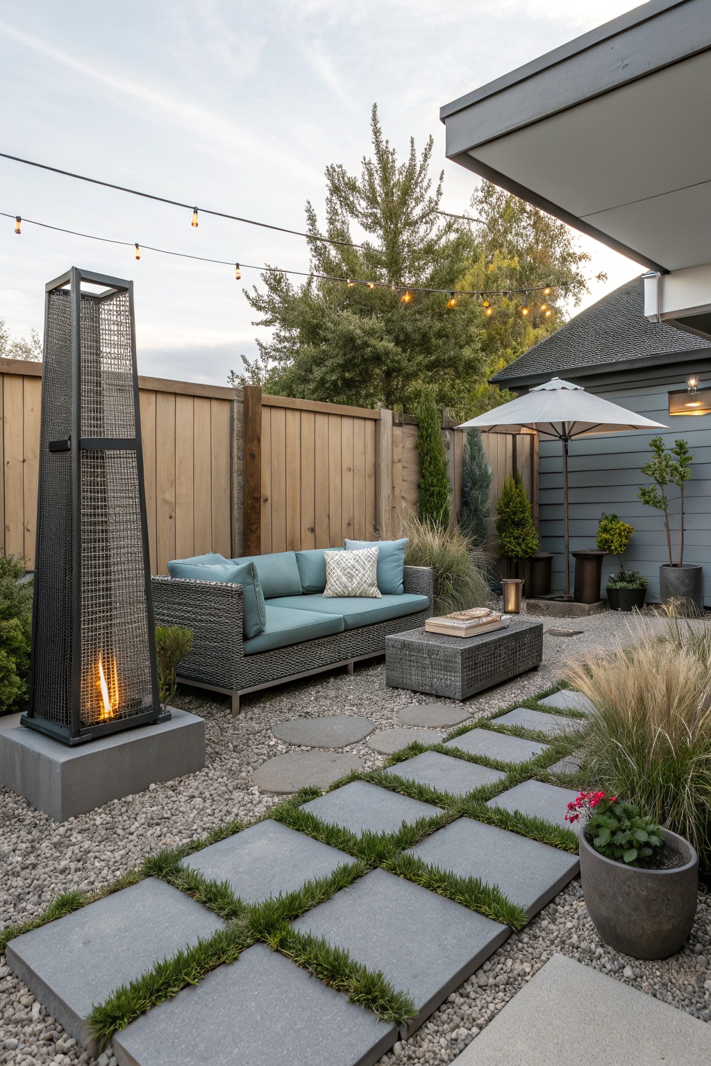 An outdoor patio with a gravel surface, gray stone paver path, teal sofa, tall mesh fire feature, and potted plants beside a house.