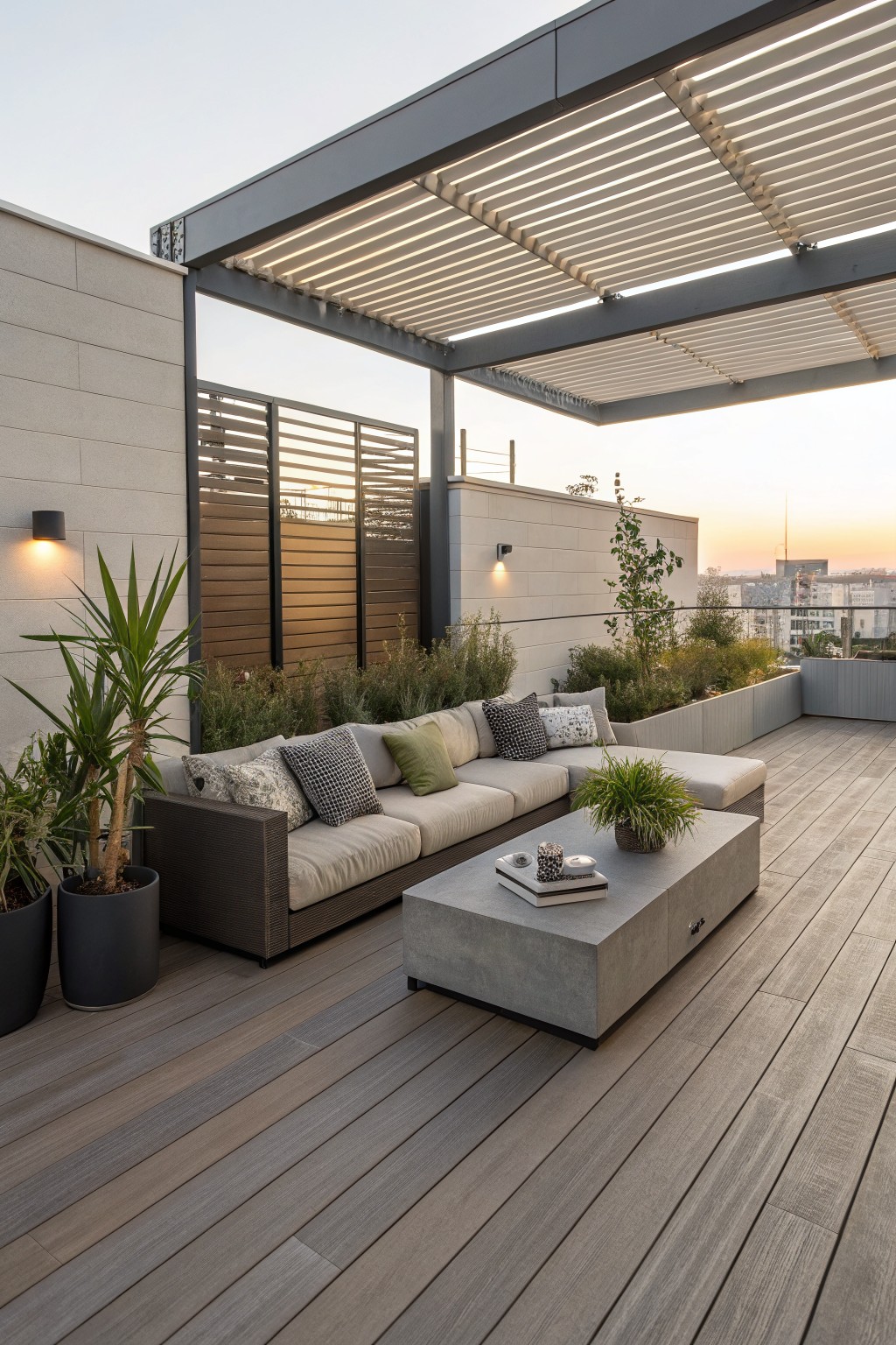 A rooftop patio with a gray metal louvered pergola, sectional sofa, concrete coffee table, and potted plants on wood-look decking at sunset.