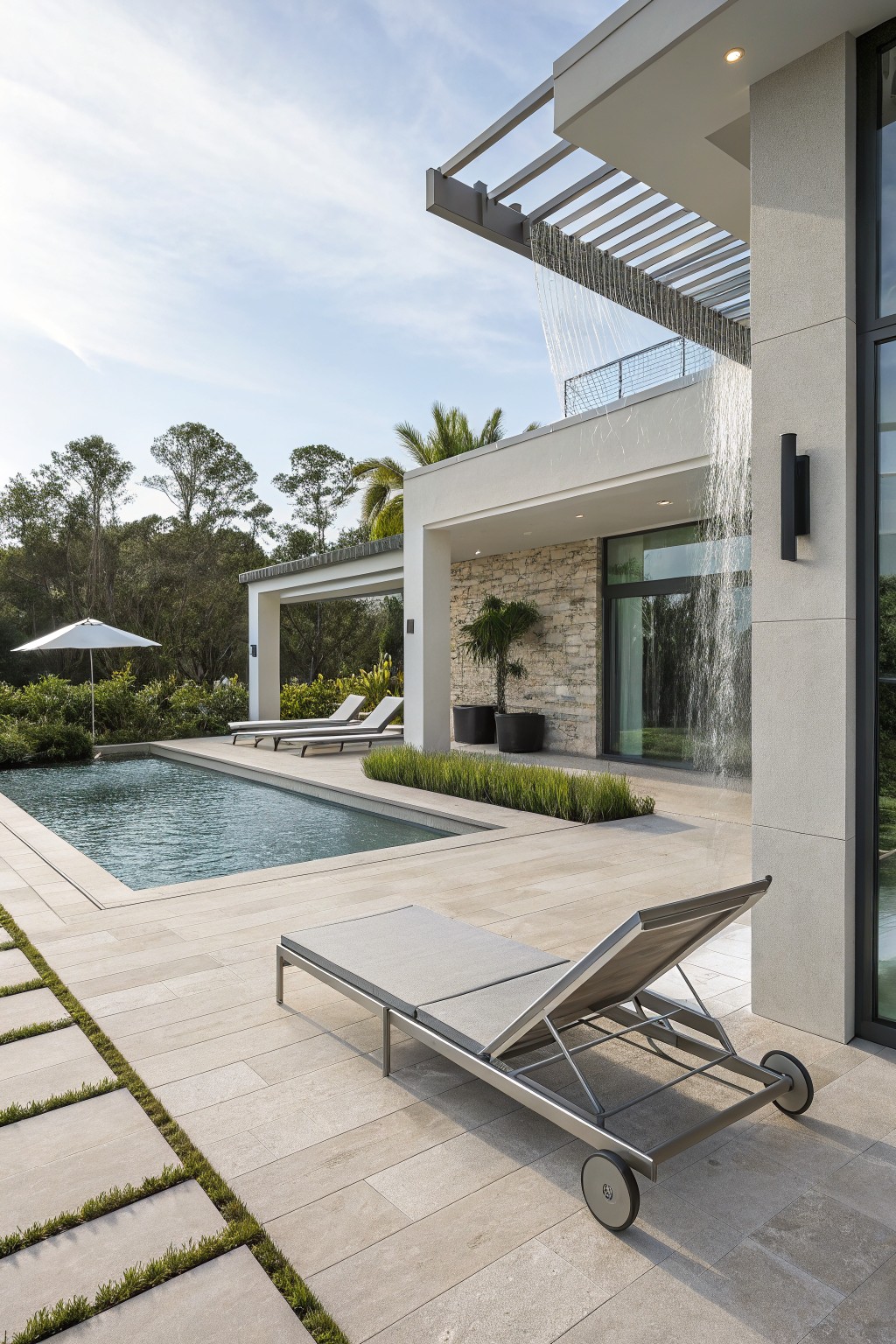 Modern house exterior with a rectangular pool, large stone patio, multiple lounge chairs, and a waterfall feature flowing from a slatted overhang.