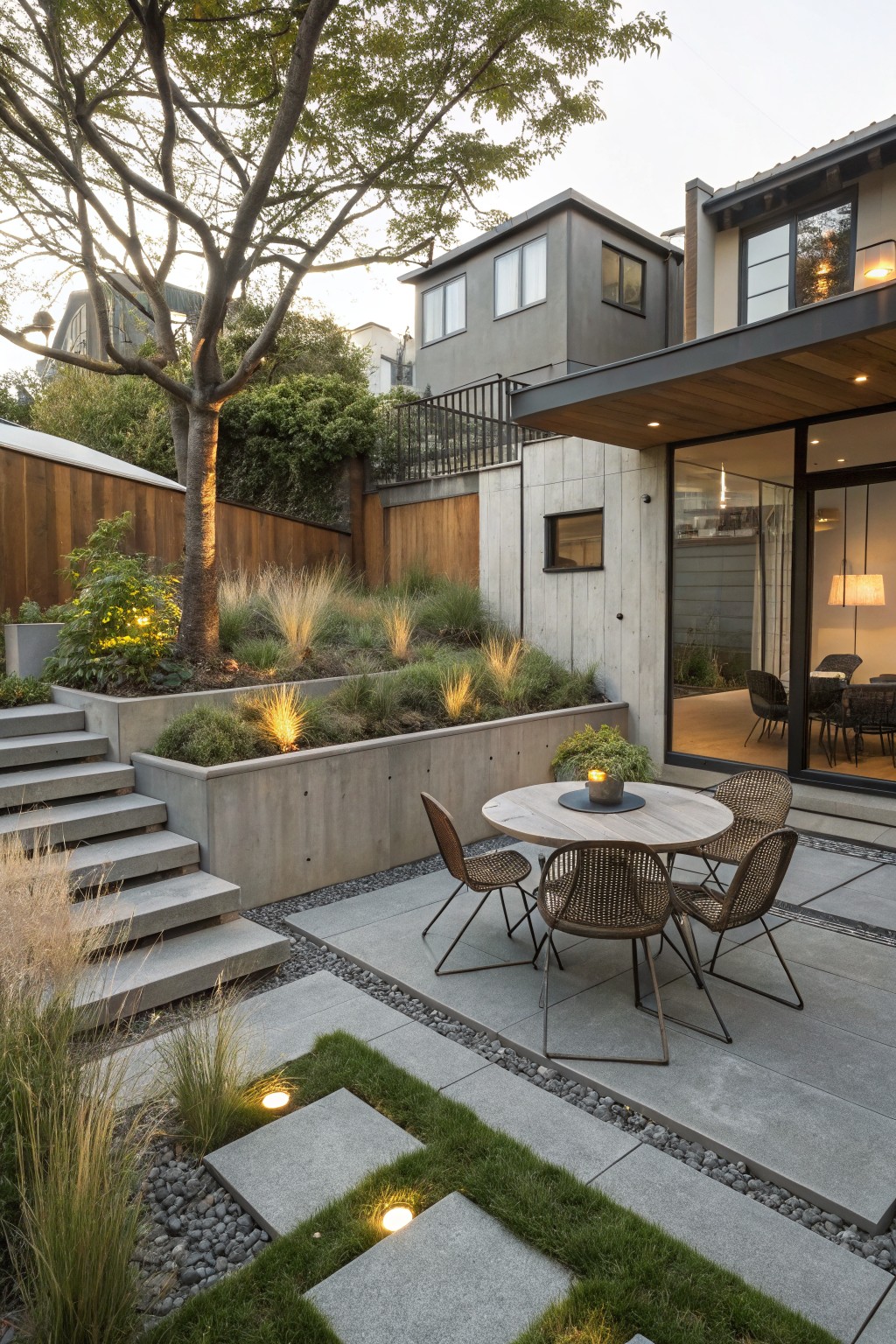 A modern backyard patio with a round table and four woven chairs on gray pavers, bordered by raised concrete planters with grasses, and concrete steps leading to a garden area on the left.