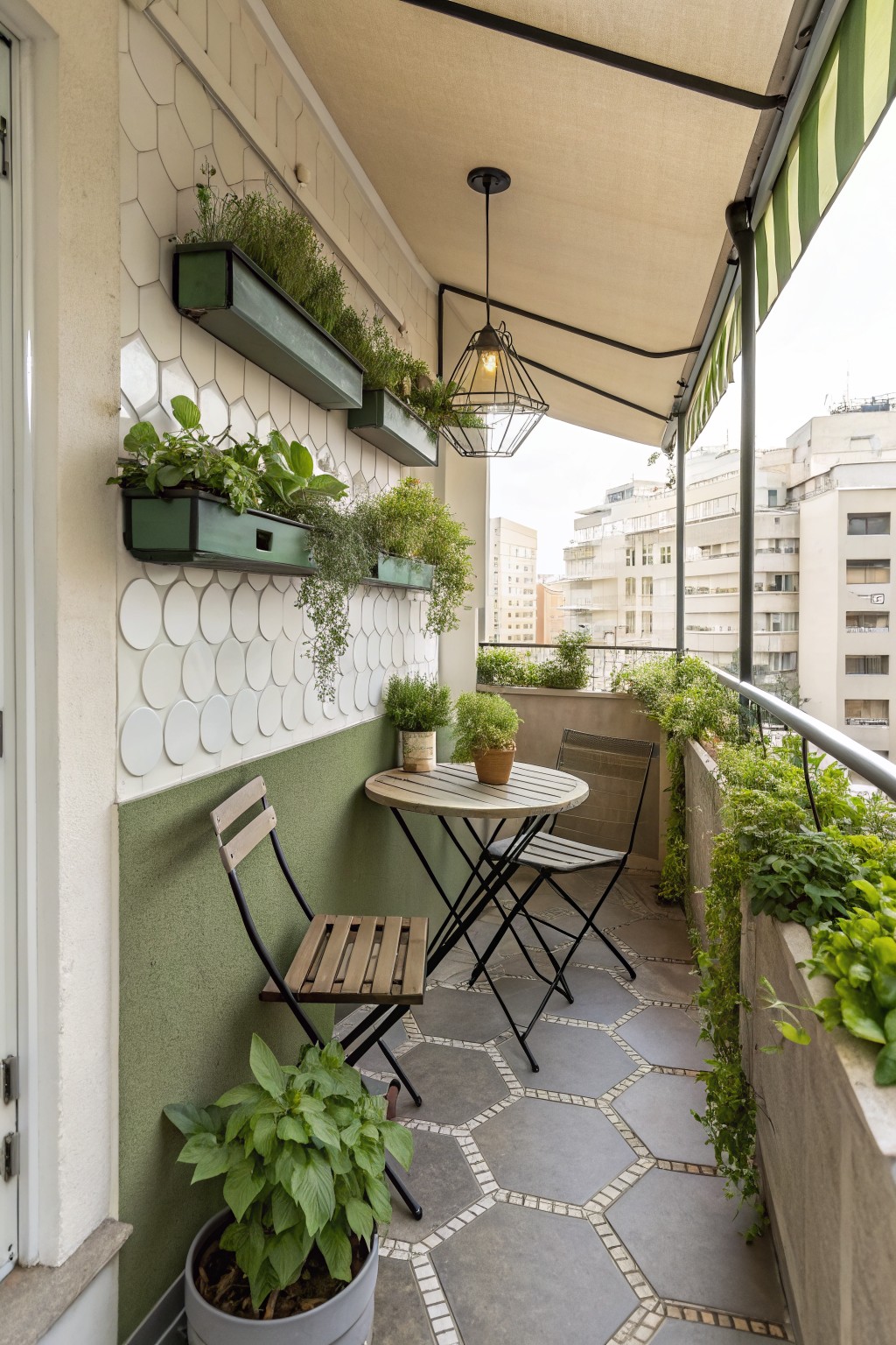 A compact balcony featuring a round table with two folding chairs, several green wall-mounted planters on a white and green tiled wall, and additional potted plants along the railing.