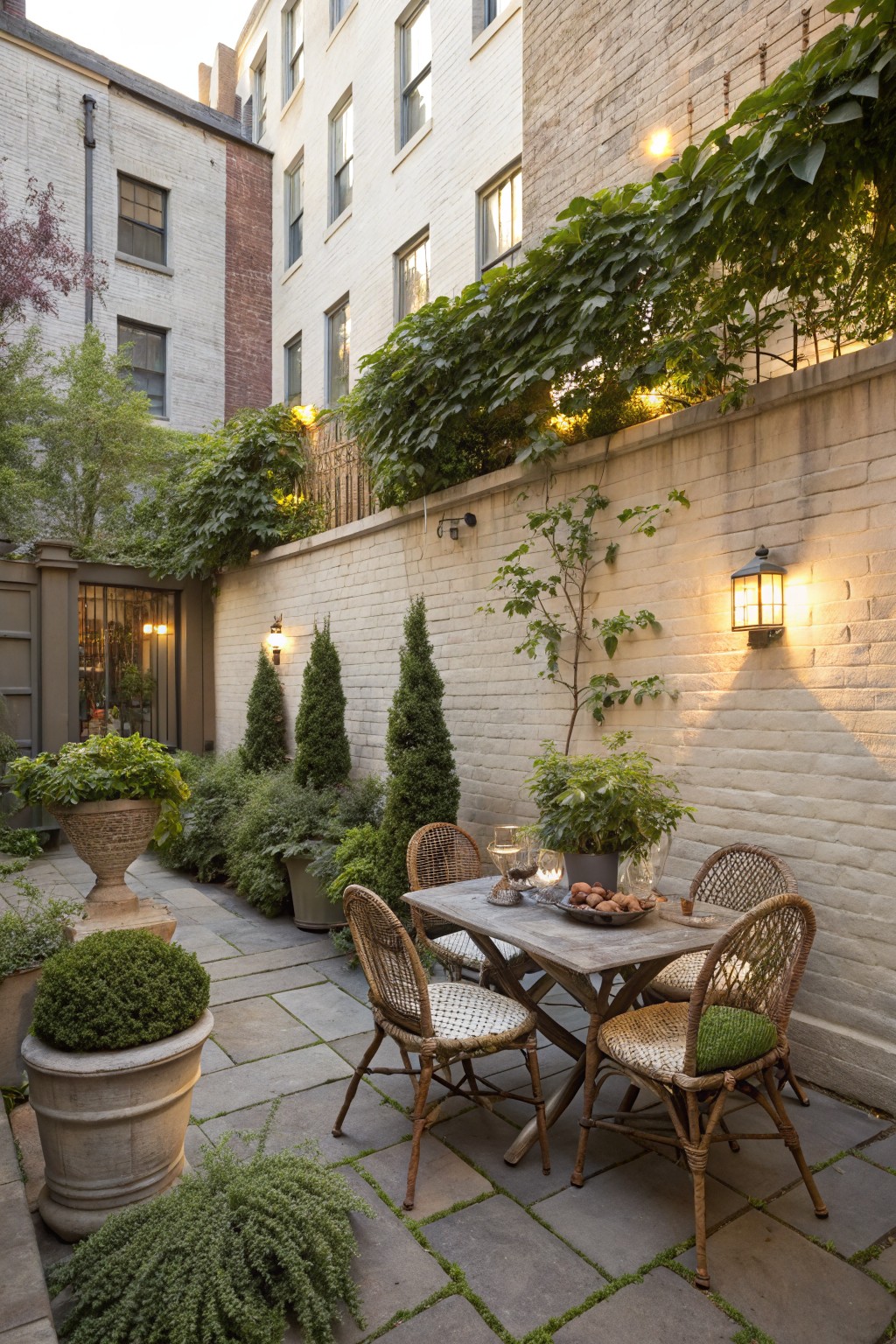 A stone patio with a wooden table and four woven chairs, bordered by potted plants and vines growing along the top of a tall brick wall.