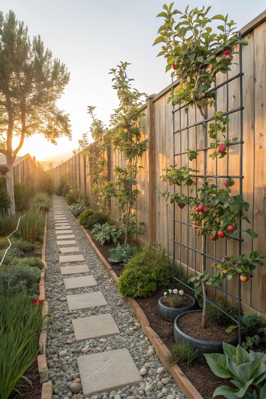 Narrow gravel path with stone pavers beside espaliered apple trees on wooden fence