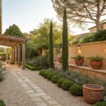 A gravel path bordered by tall cypress trees runs beside a stone house with a wooden bench and pergola.