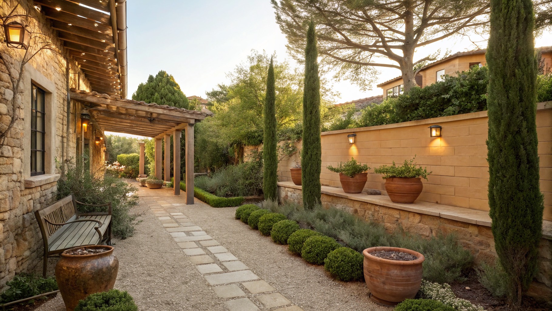A gravel path bordered by tall cypress trees runs beside a stone house with a wooden bench and pergola.