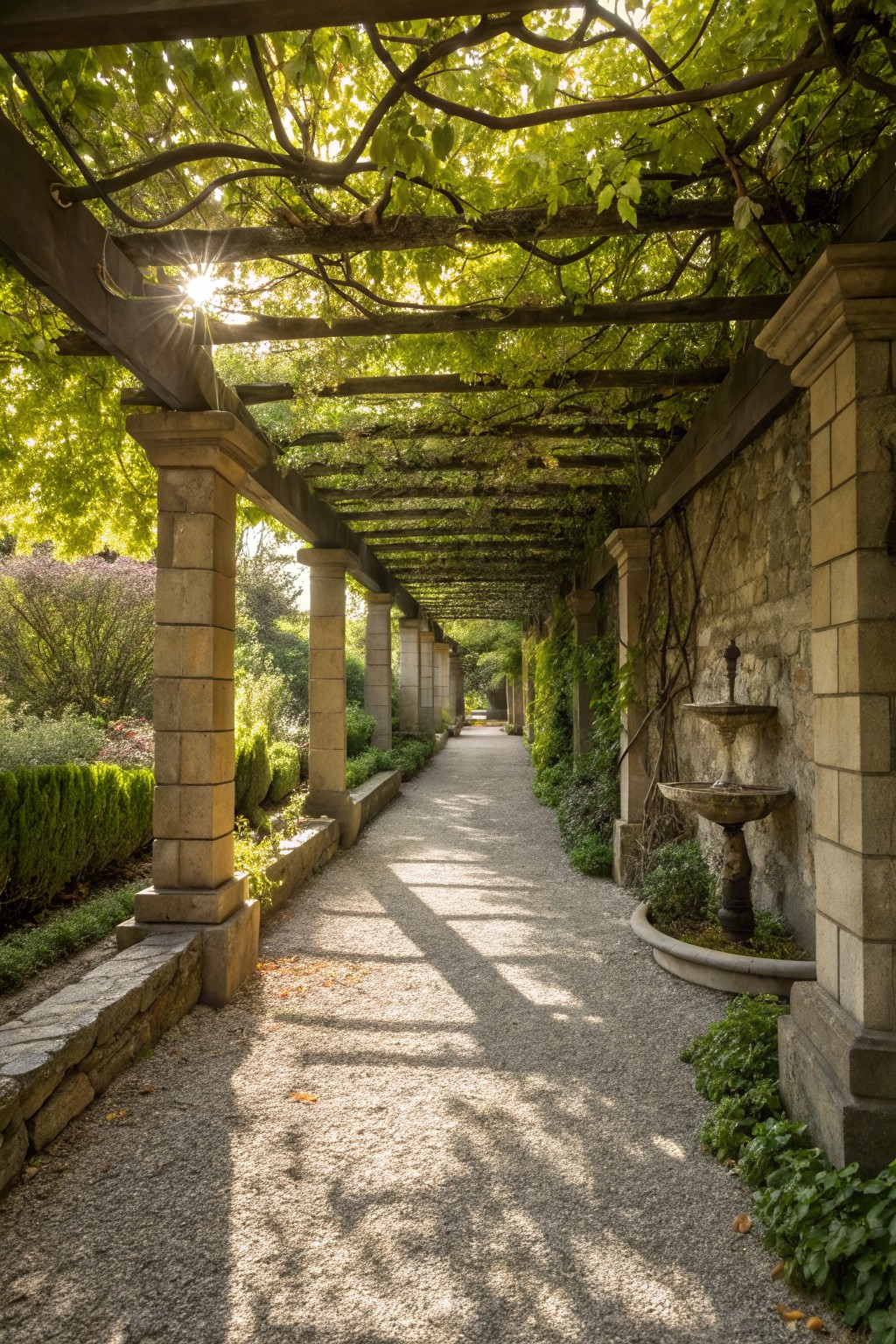 A gravel garden path runs beneath a long wooden pergola covered in green vines, with stone pillars on the left and a stone fountain on the right wall.