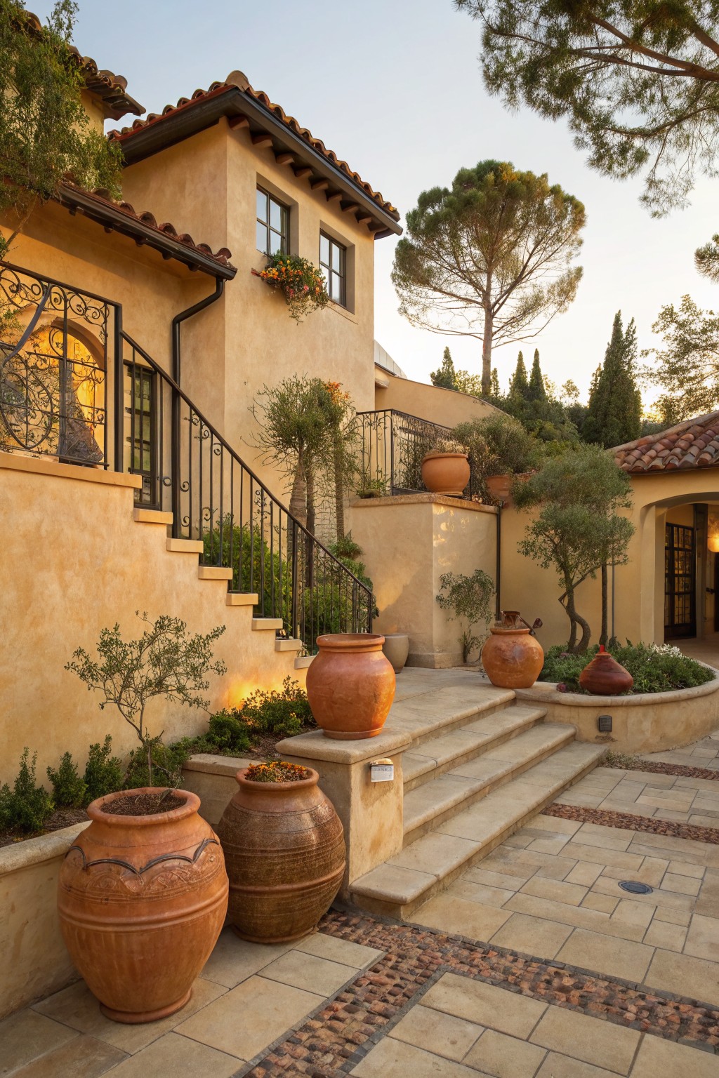 A stucco house exterior with tiled roof, stone stairs, black metal railings, and multiple large terracotta pots with plants and trees placed along the pathways and landings.