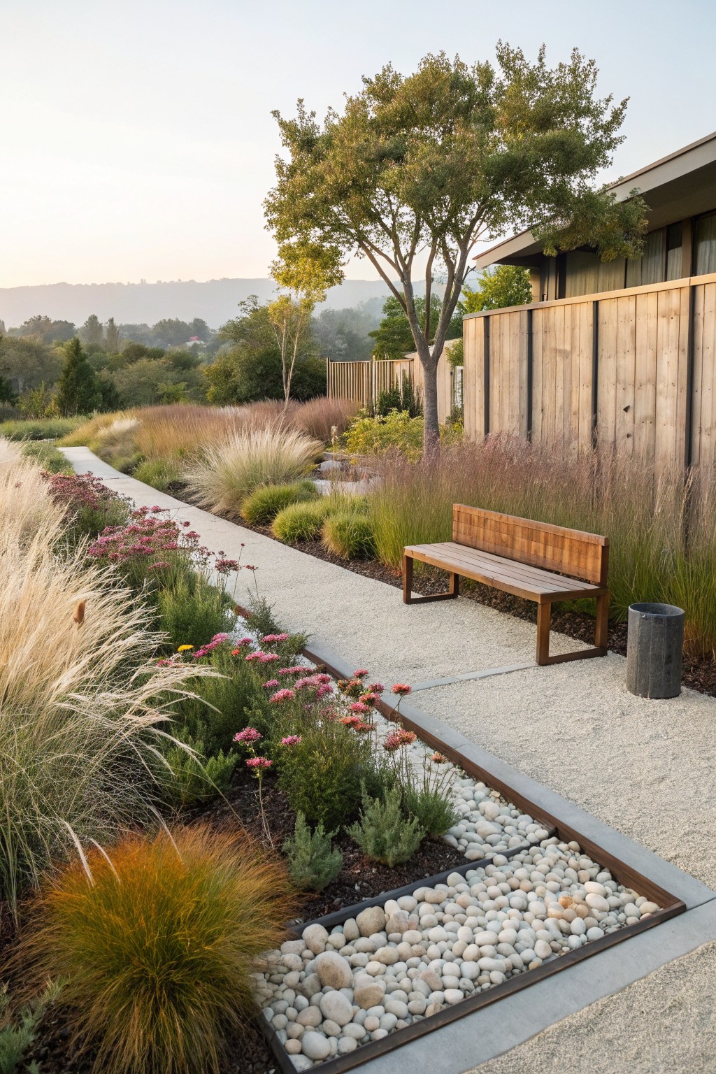 Modern garden with wooden bench, gravel path, pebble beds, and blooming plants