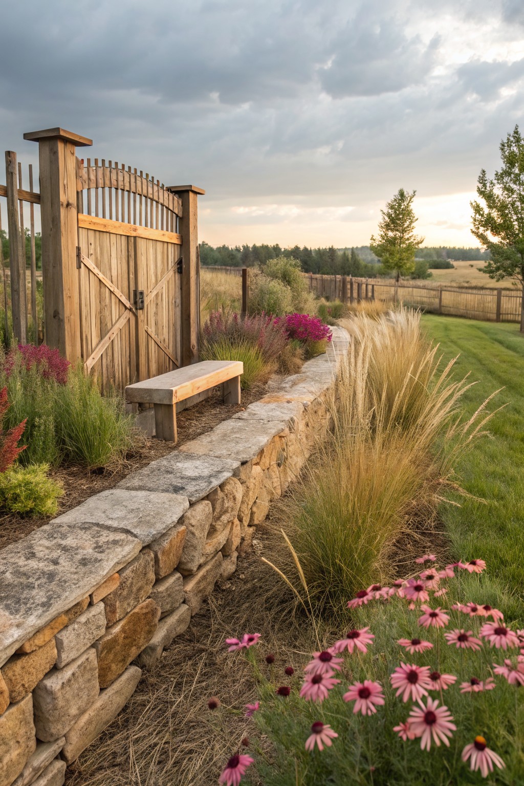 A wooden gate with a bench sits behind a low stone wall bordered by tall grasses, shrubs, and pink flowers in an open backyard.