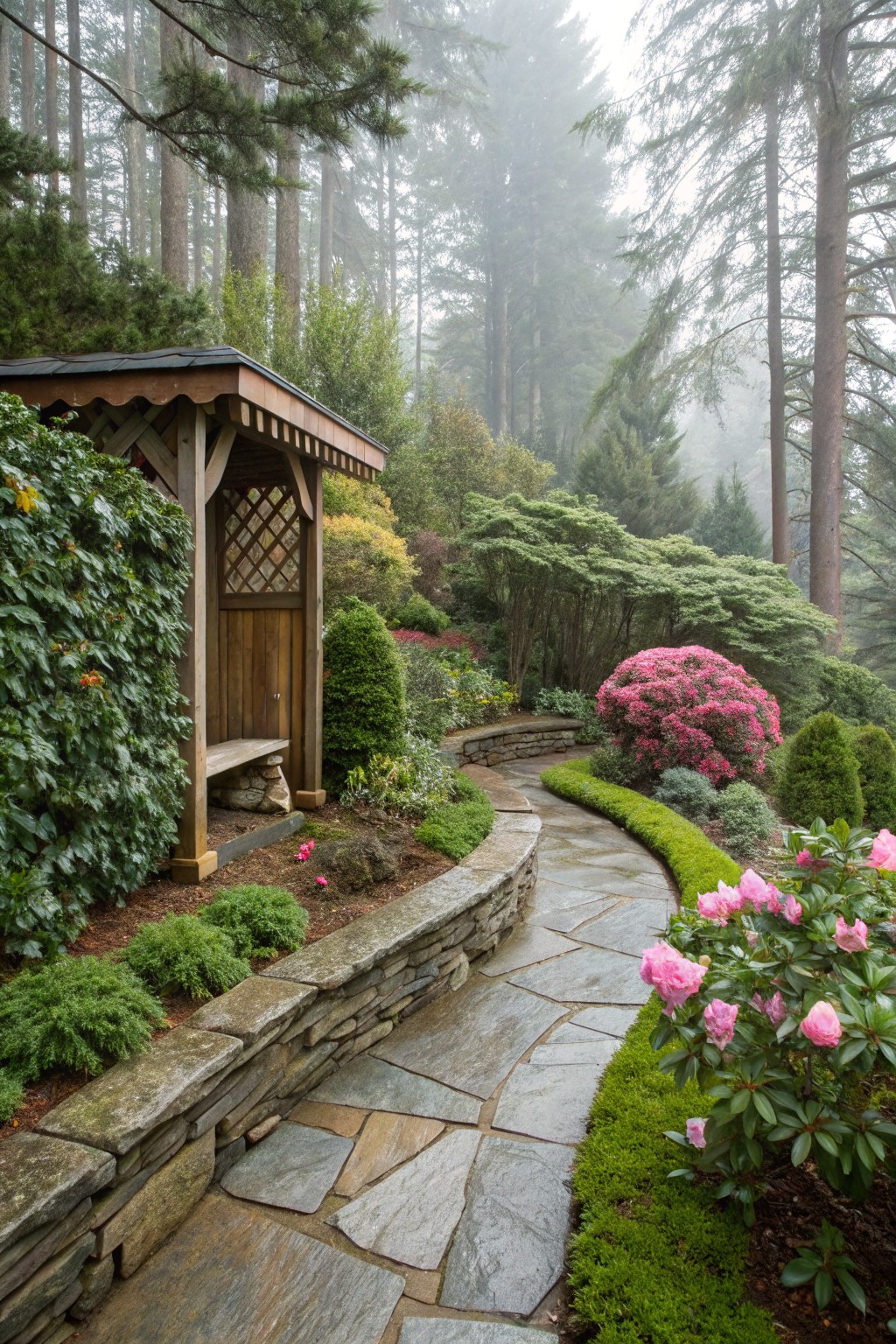 Stone path winds through misty garden with pink blooms and wooden shelter