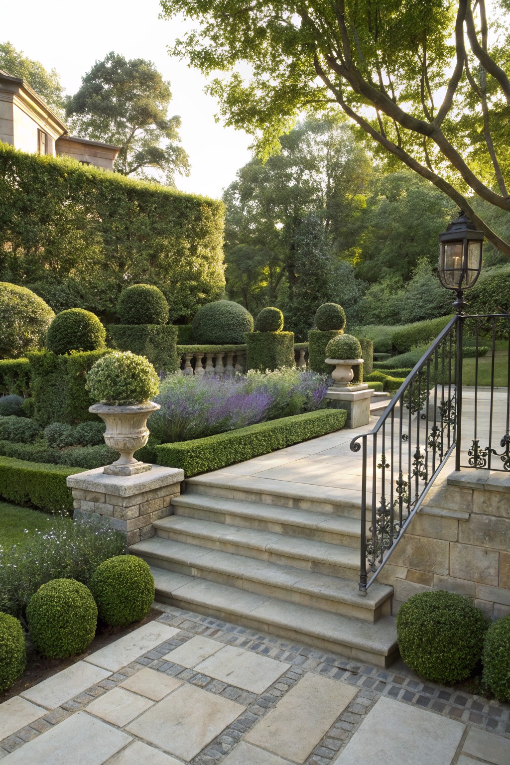 A garden staircase with stone steps, black metal railing, and surrounding hedges and topiary shrubs.