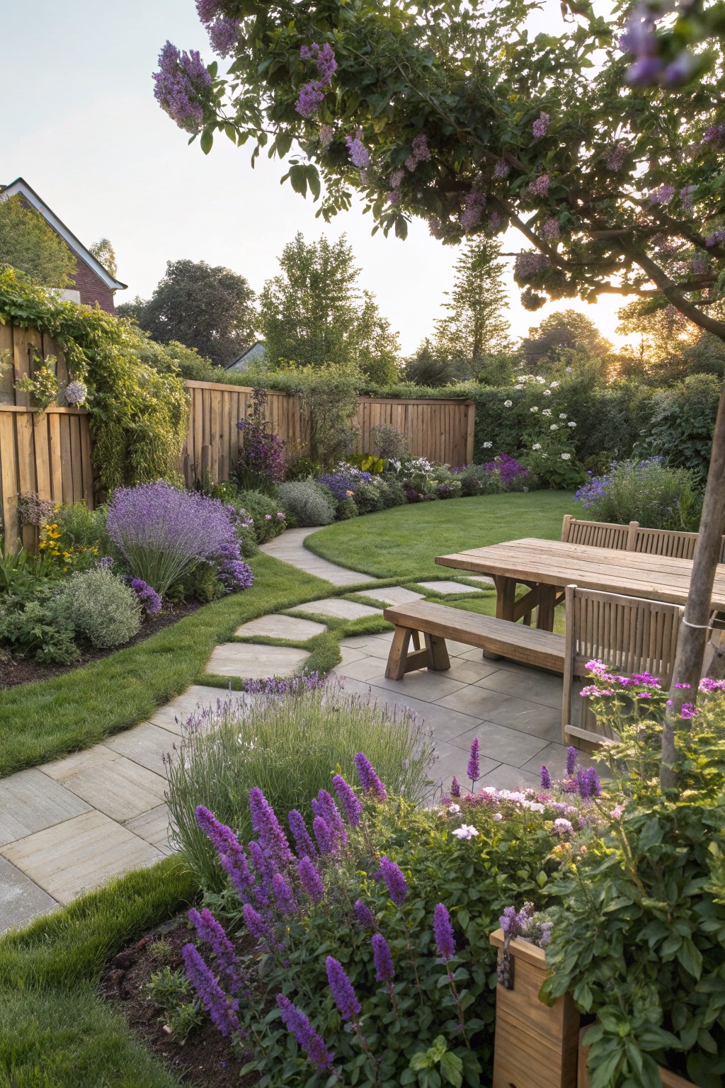 A landscaped backyard with stone paths, a wooden dining table on a patio, green lawn, and layered beds of purple flowering shrubs and trees along the borders.