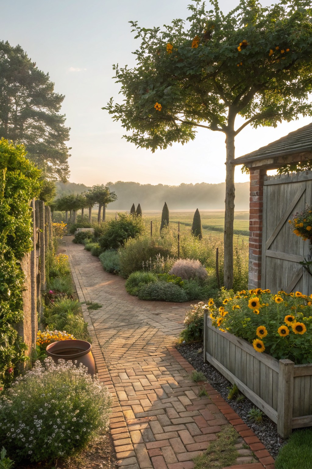 A brick garden path bordered by layered trees, shrubs, and flowers leads past a wooden gate toward open fields at sunrise.
