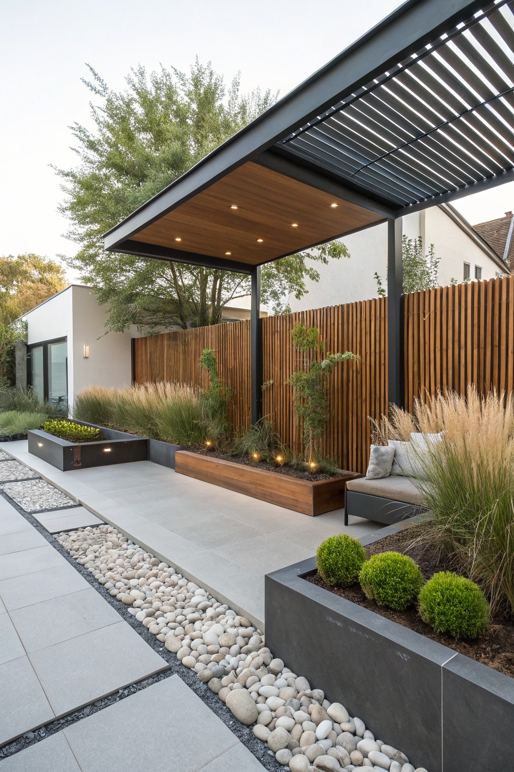 Modern backyard patio with raised wooden and concrete planters holding shrubs and tall grasses along a vertical wood fence, under a dark pergola with built-in lighting.