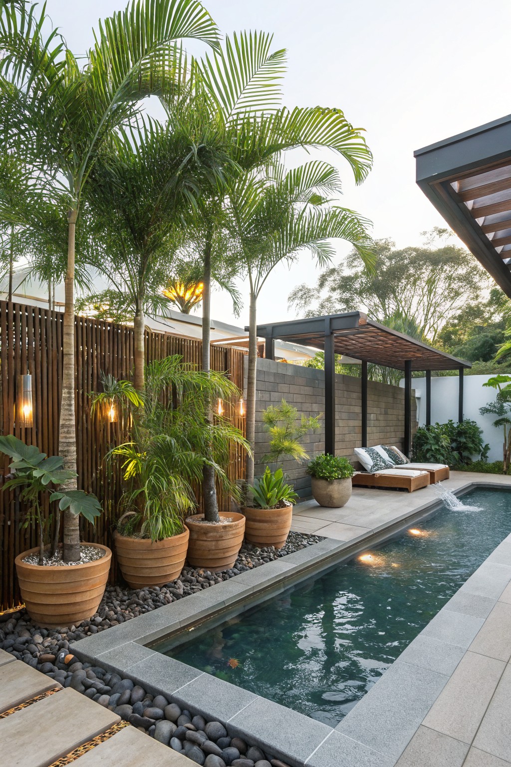 A narrow pool runs beside a wooden fence lined with tall palm trees planted in large terracotta pots, with lounge chairs under a covered structure nearby.