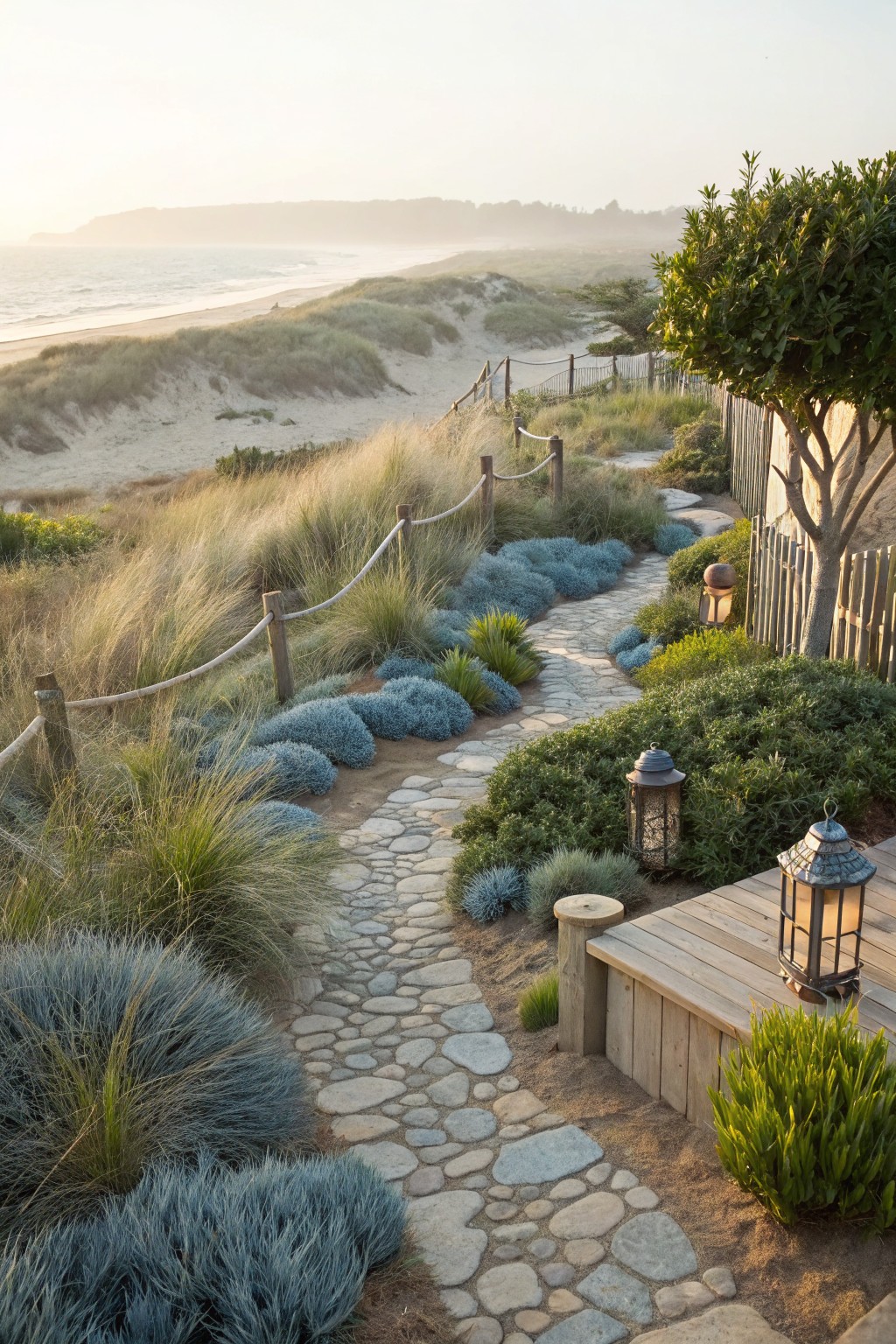 A winding stone path bordered by low blue shrubs and tall grasses runs through coastal dunes toward the ocean, with a simple rope fence and wooden lanterns along the way.