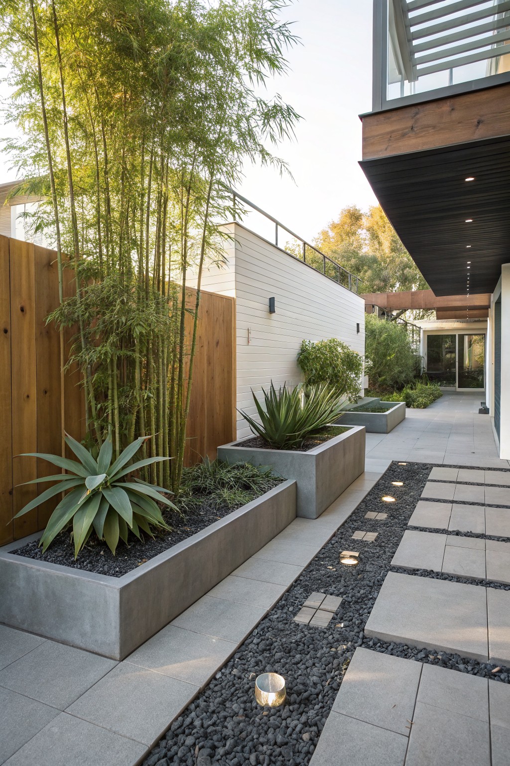 A modern side yard with tall bamboo growing in gray concrete planters next to a paved walkway lined with gravel and small lights.