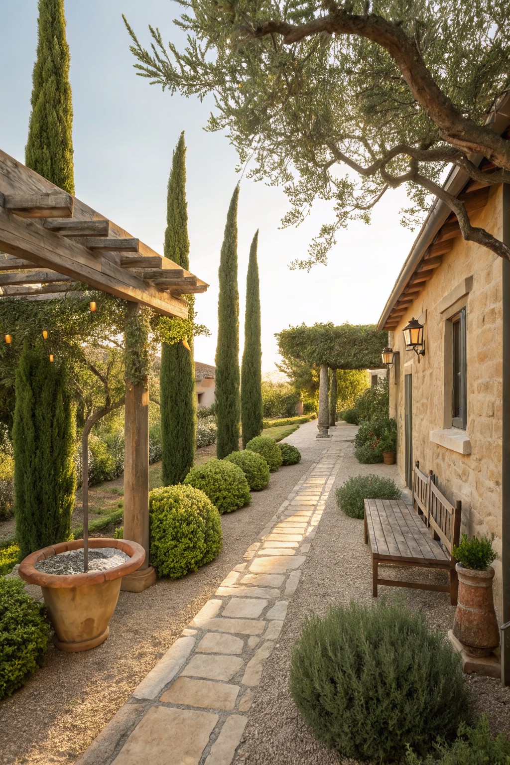 A gravel path bordered by tall cypress trees runs beside a stone house with a wooden bench and pergola.
