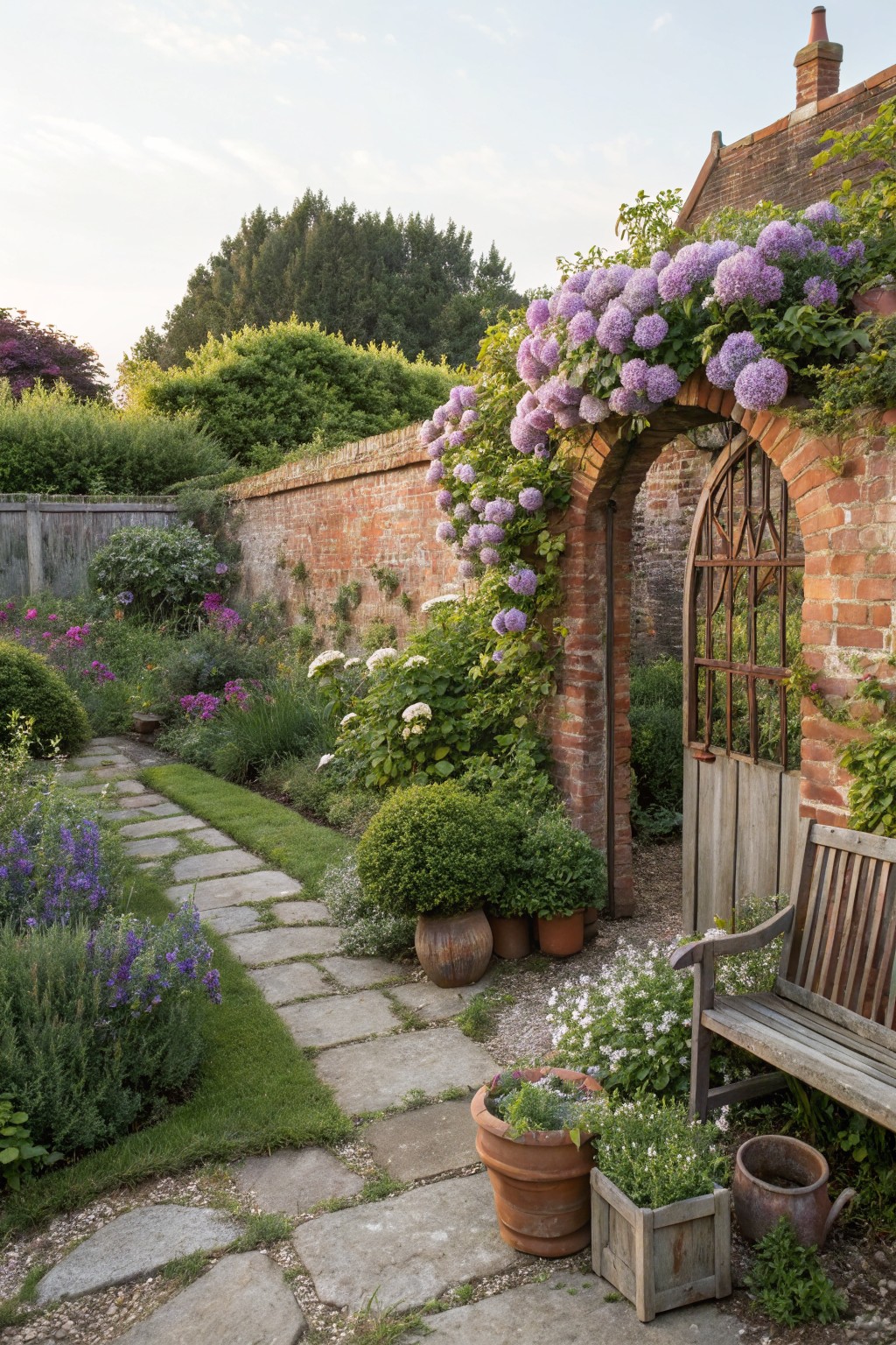 A garden path leads through a brick archway covered in purple flowering vines, with potted plants and flowers along the stone path and wooden bench nearby.