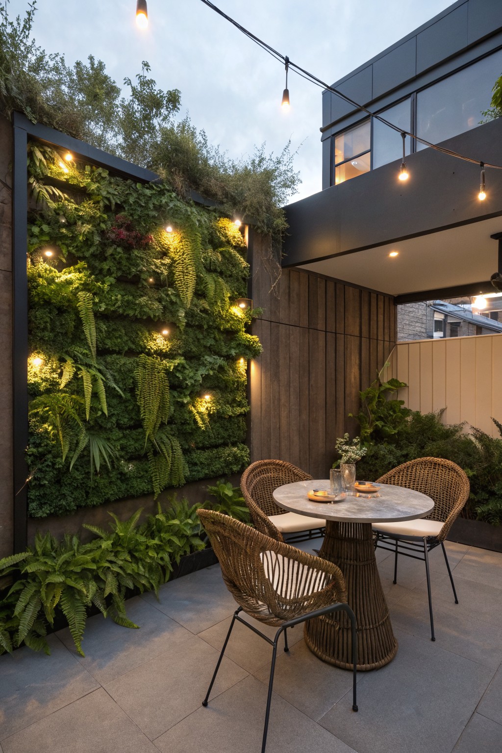 An outdoor patio featuring a tall vertical living wall covered in dense green ferns and plants, a round stone table with woven chairs, and string lights overhead.