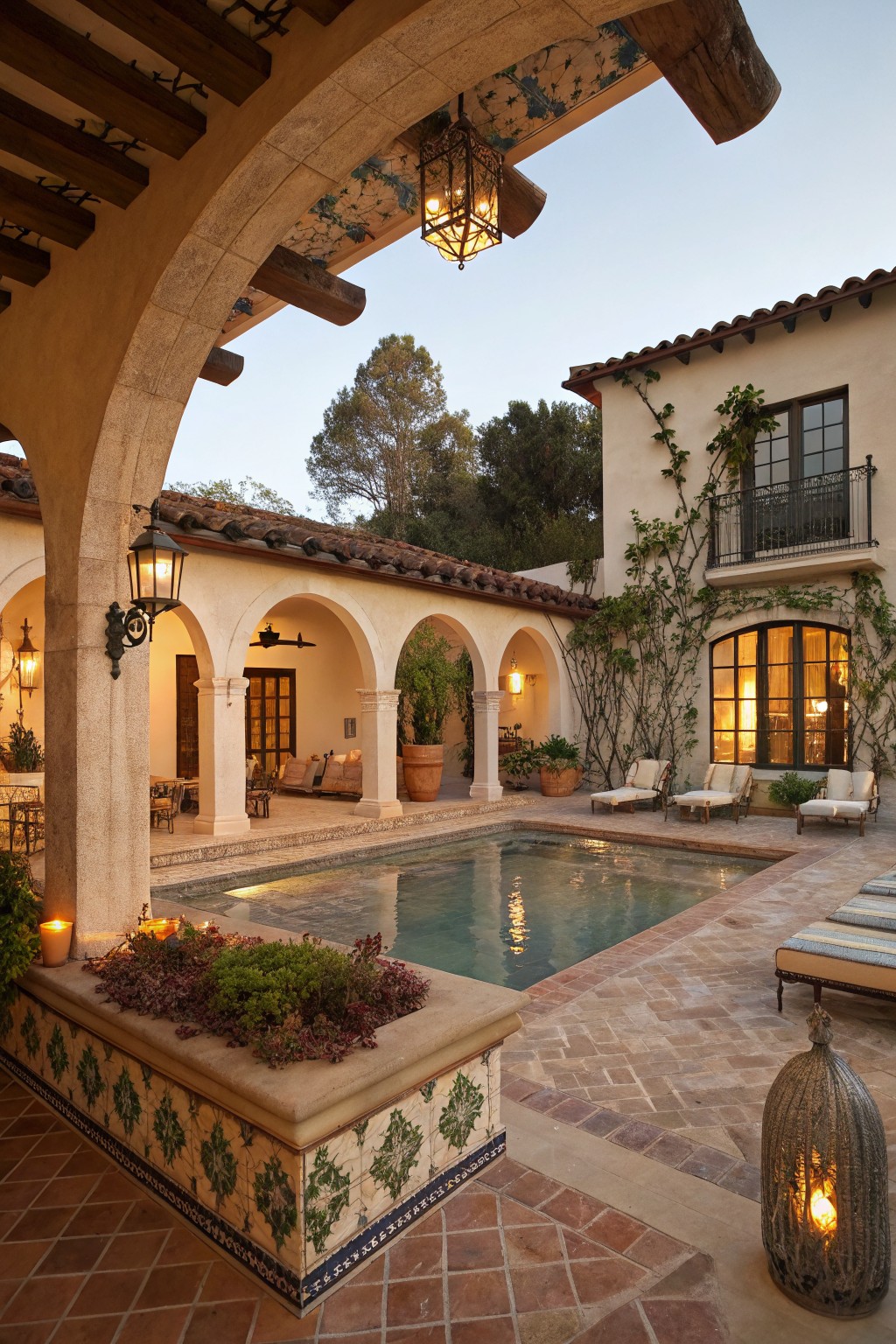 A swimming pool bordered by arched walkways, tiled planters, lounge chairs, and hanging lanterns in a courtyard with a house facade.