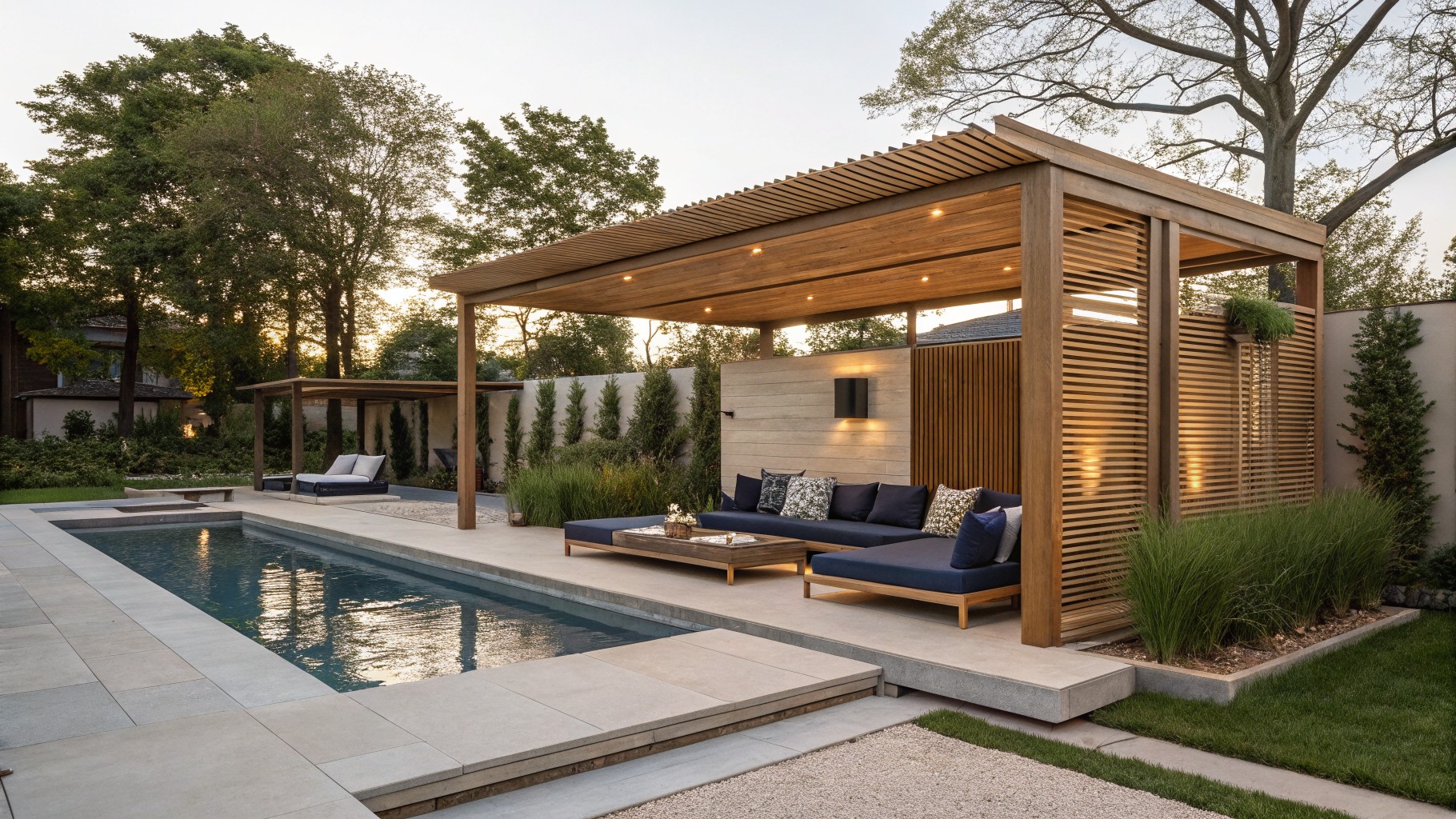 A wooden pergola covers a long blue daybed and sofa next to a rectangular pool on a stone patio.