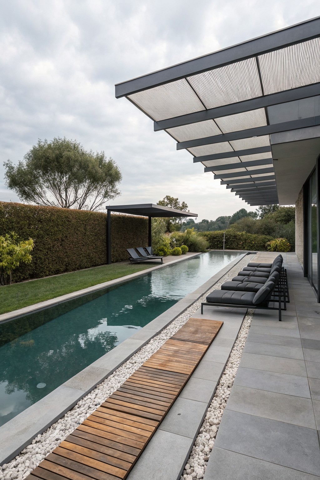 A long rectangular pool with multiple black lounge chairs lined up on a stone patio beside it under a modern slatted overhang.