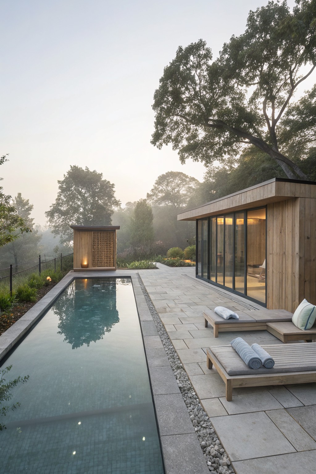 Modern wooden house with glass walls beside long pool and lounge chairs in misty forest
