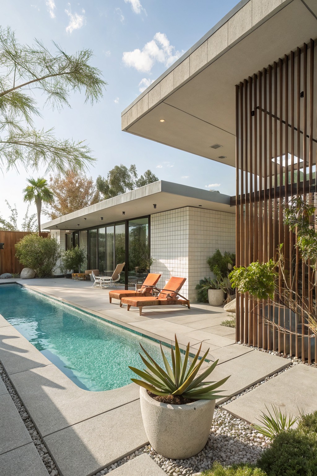 A modern home with a rectangular pool, concrete patio, and two orange lounge chairs placed near the water's edge.
