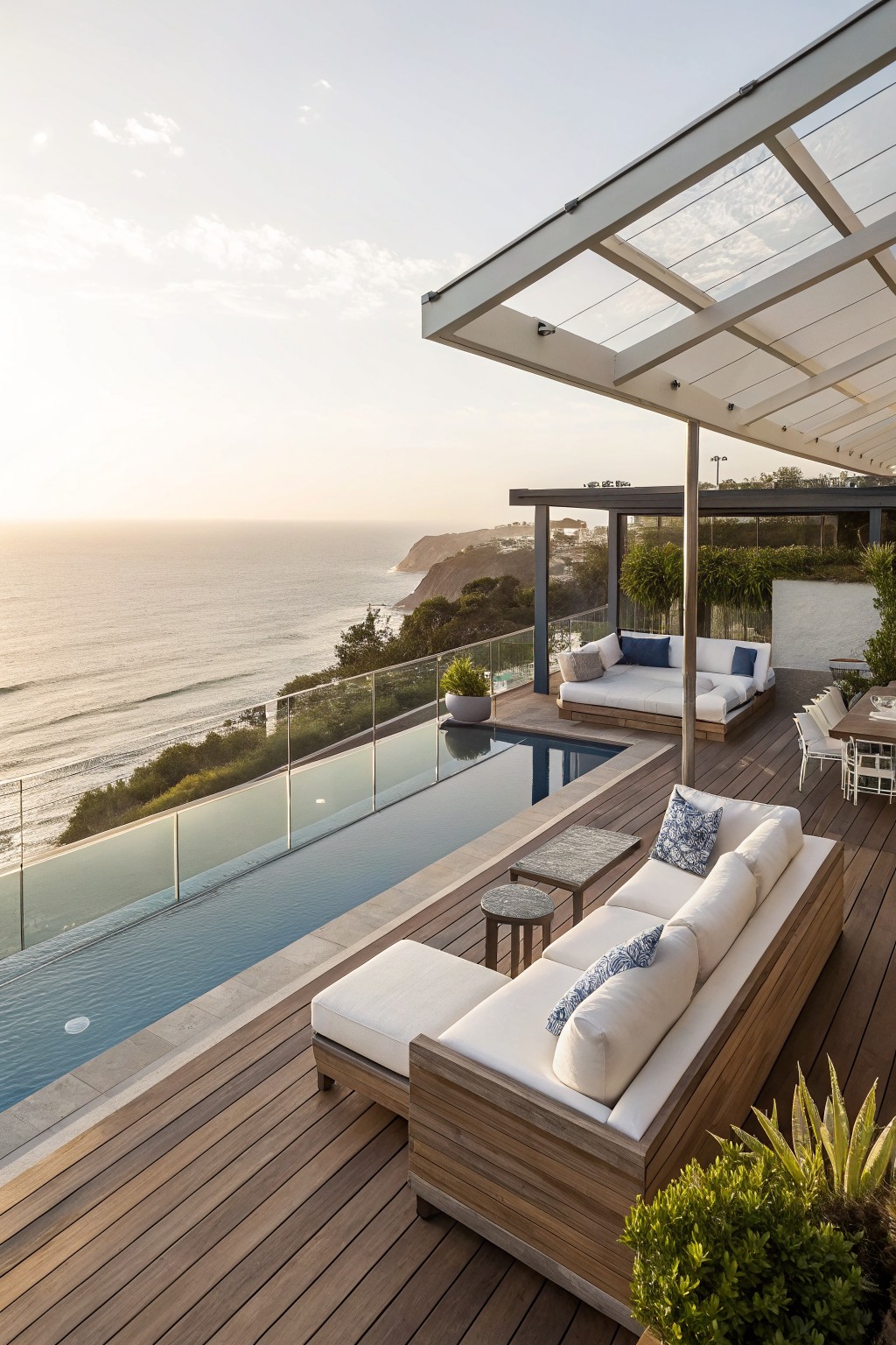 A wooden deck with a long pool running along the edge, white lounge sofas, and a glass-roof pergola overlooking the ocean.