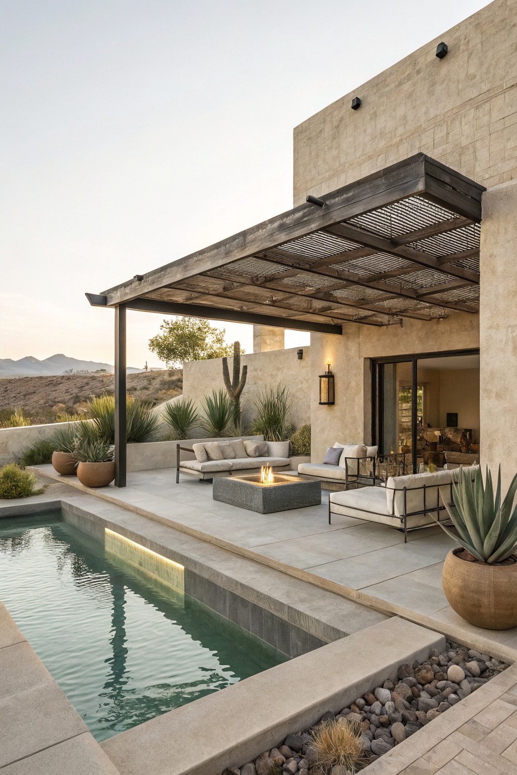 Modern desert patio with pool, fire pit, lounge seating, and mountain views
