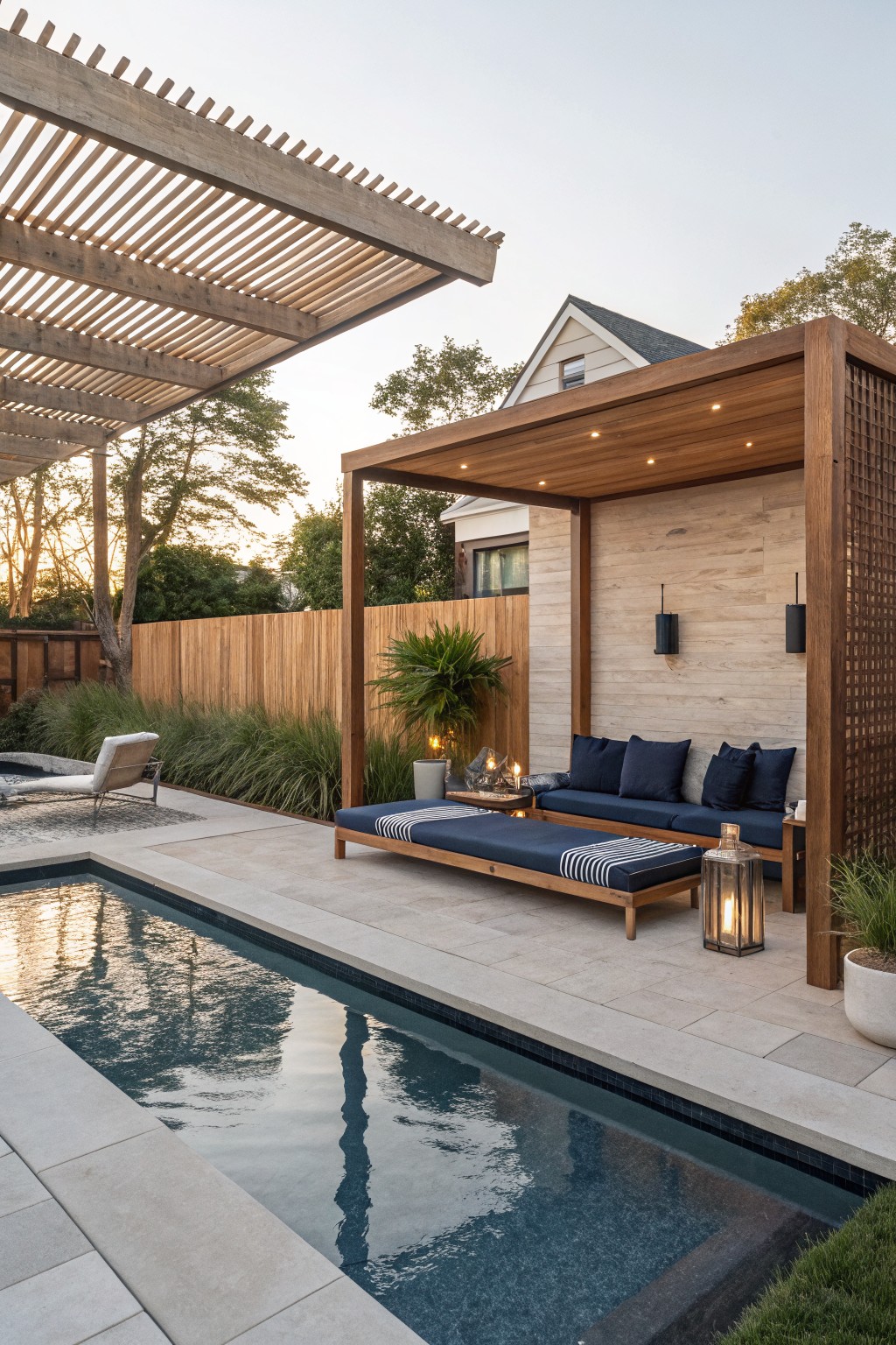 A wooden pergola covers a long blue daybed and sofa next to a rectangular pool on a stone patio.