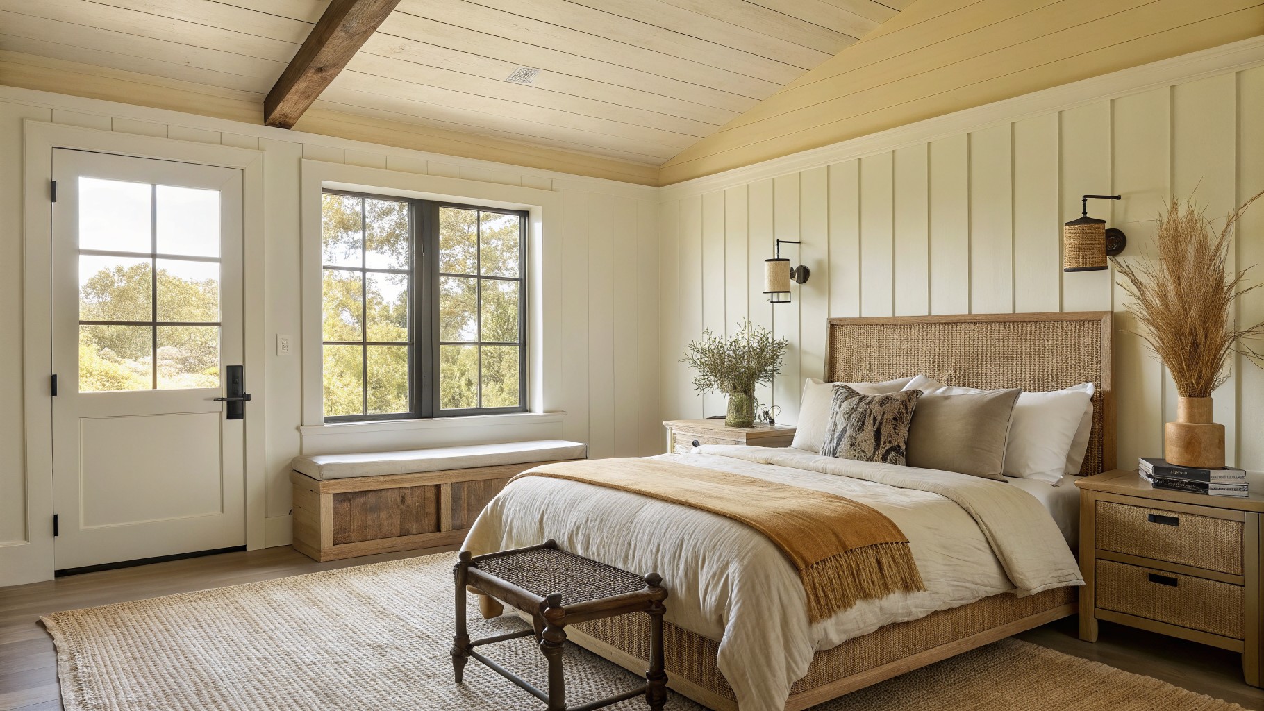 Creamy white walls in a minimal farmhouse bedroom with wood accents.