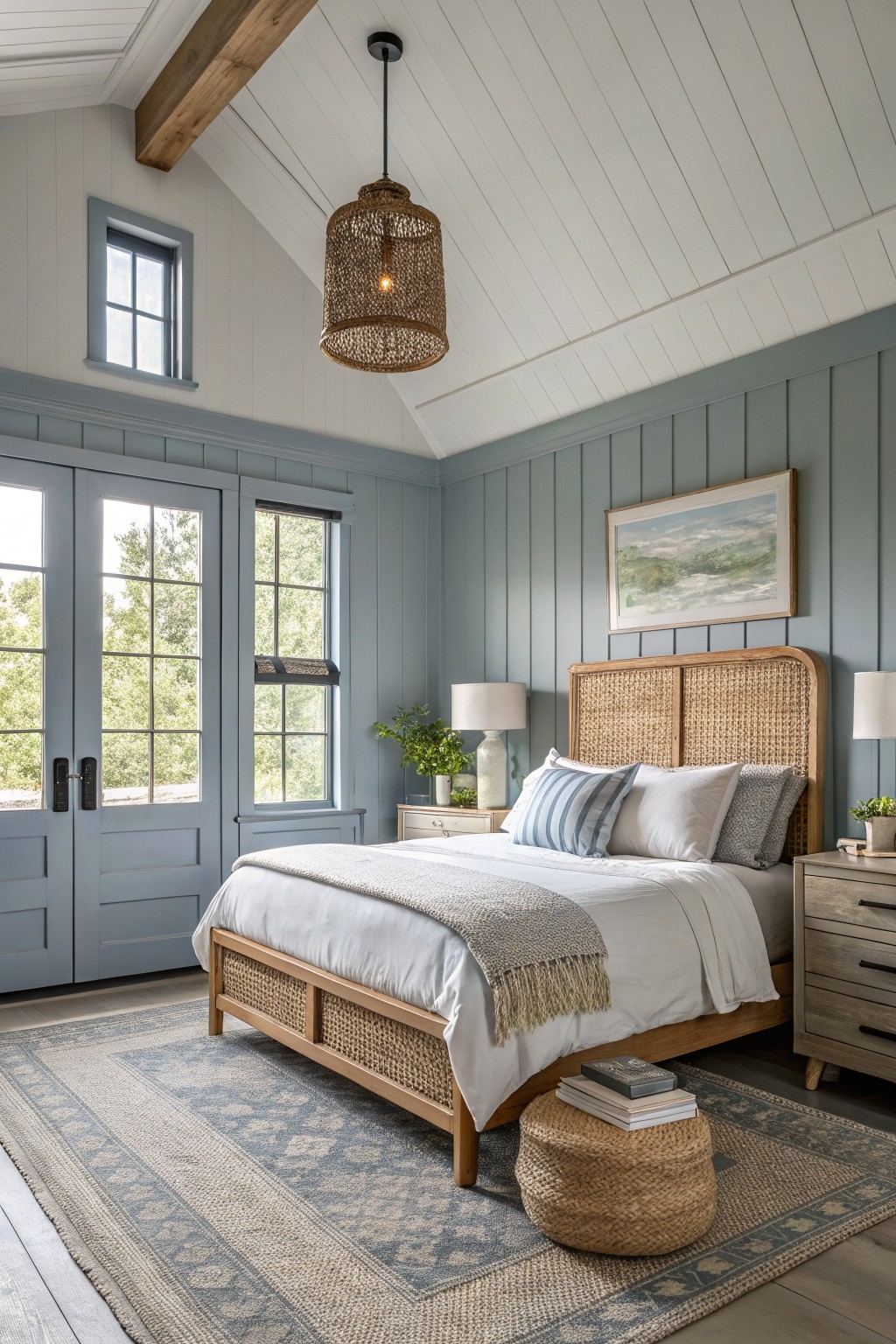 Bedroom with soft blue gray walls and wood accents.