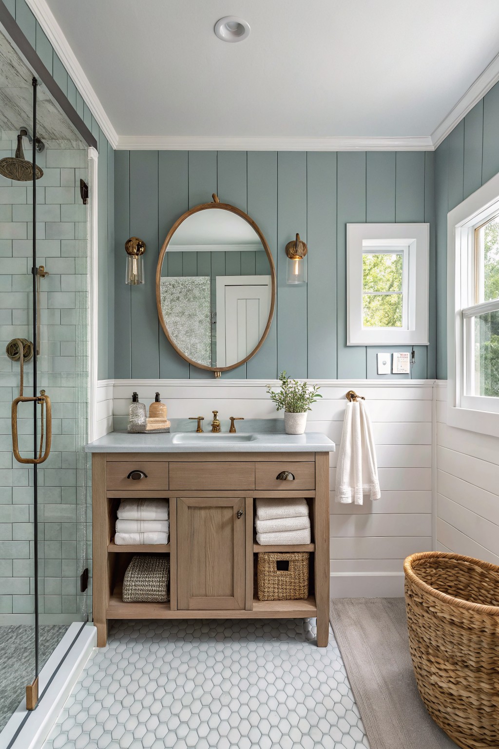 Bathroom walls painted in a soft blue green above white wainscoting with a light wood vanity below.