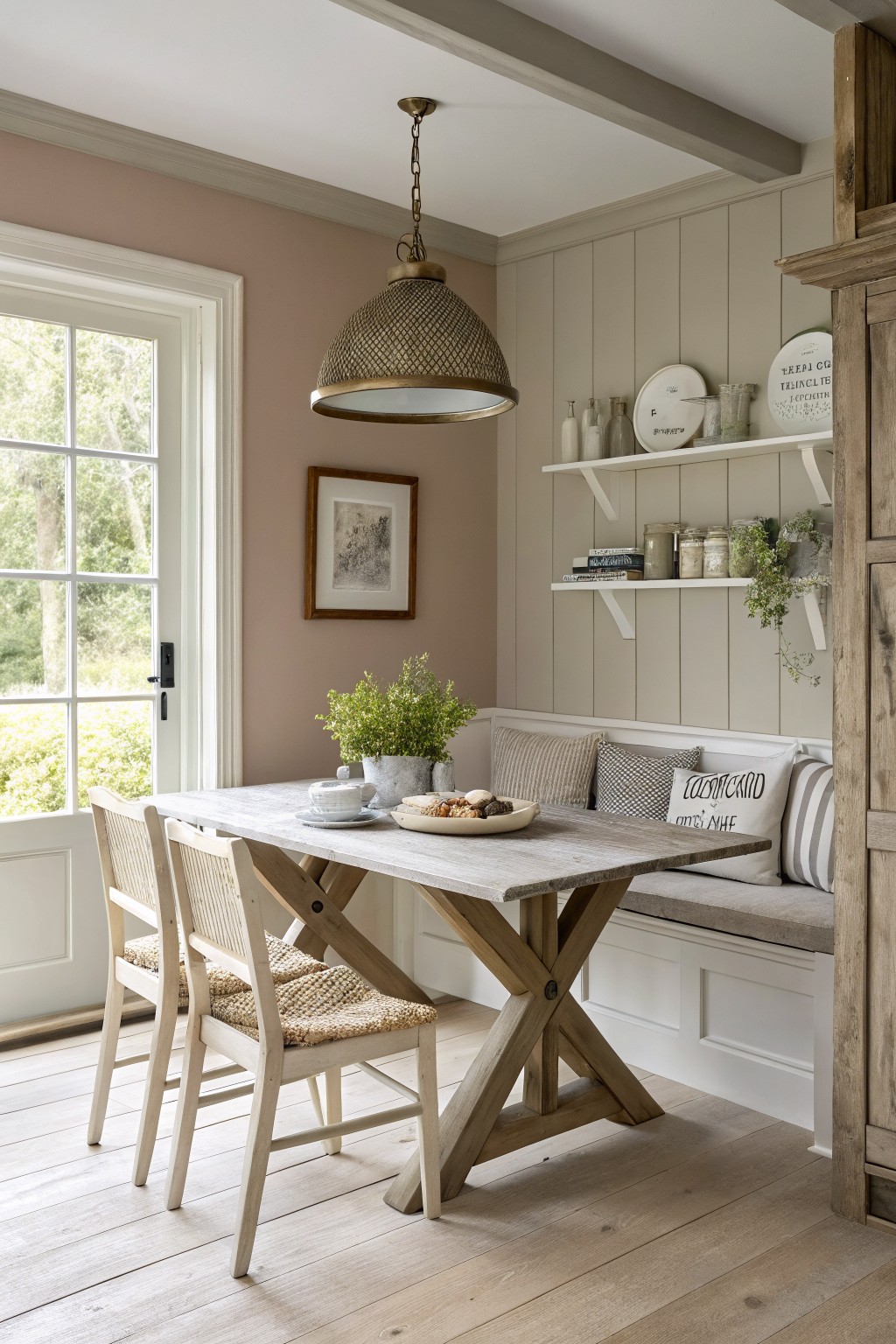 Dining space with soft blush beige walls, a wooden table, and white wainscoting.