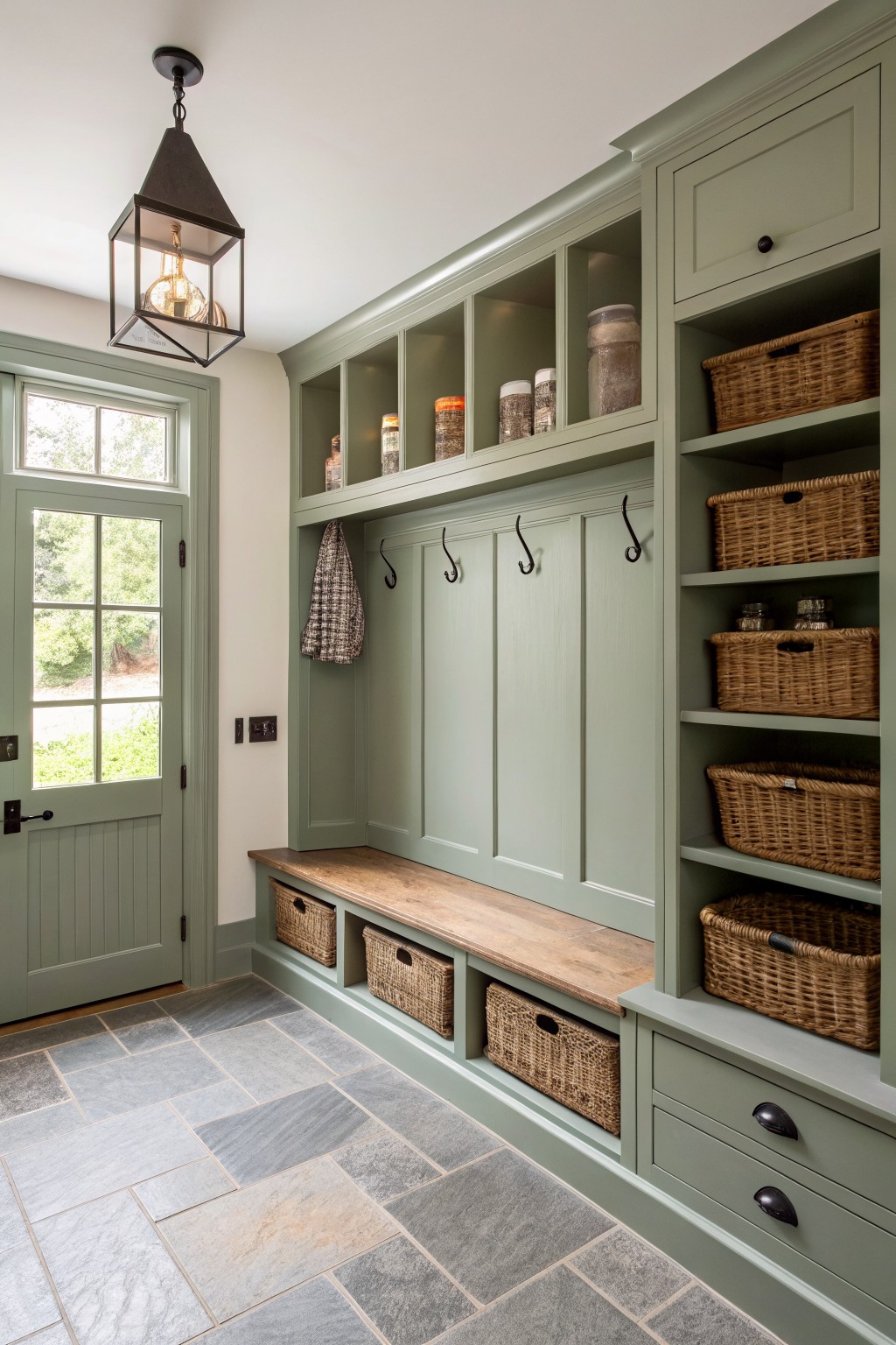 Built-in mudroom cabinetry painted in a soft sage green with a wood bench and storage baskets.