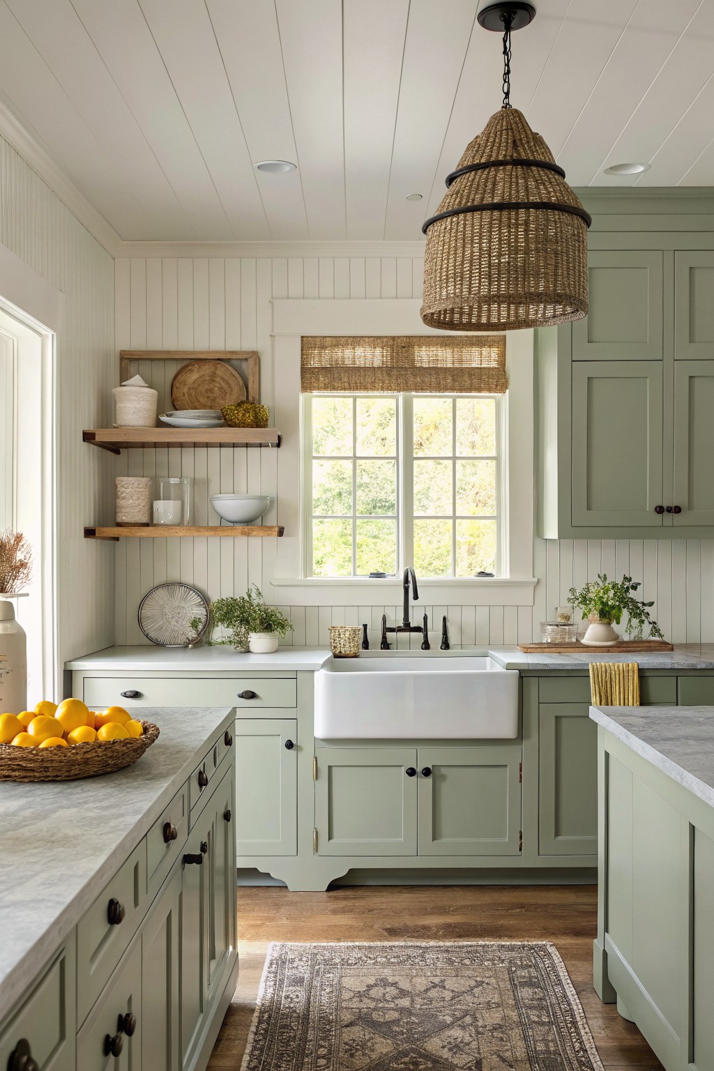 Sage green kitchen cabinets with white walls and wood flooring.