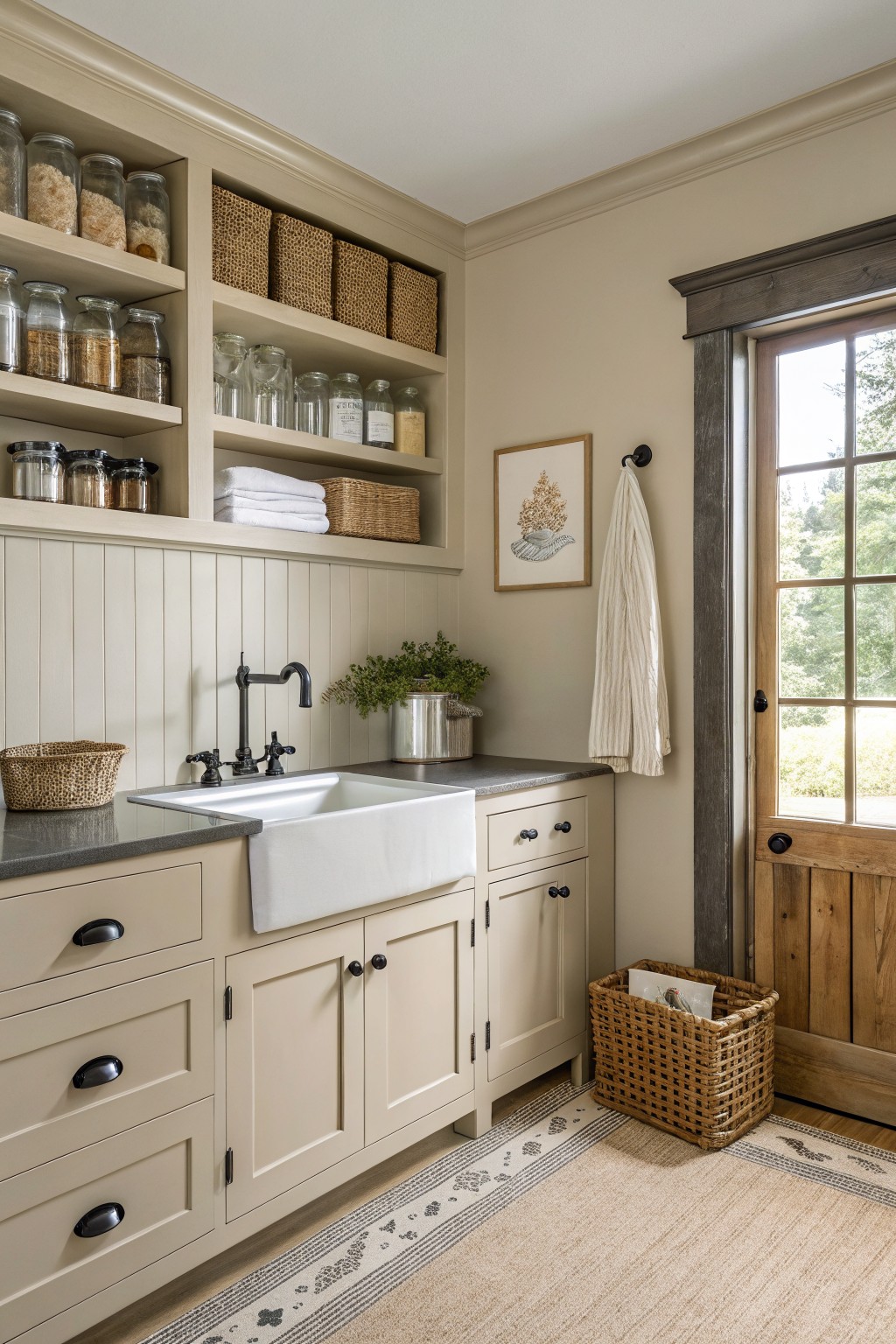 Rustic beige kitchen with white farmhouse sink, open shelves, and woven baskets.