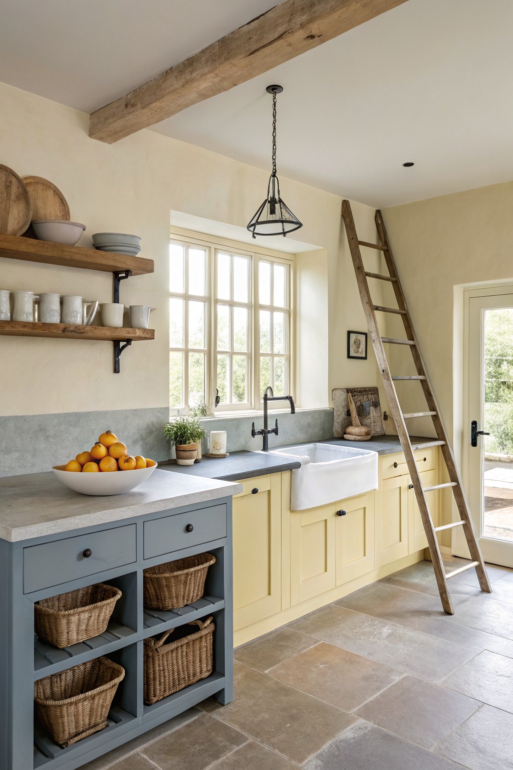 A kitchen with soft yellow walls and matching cabinets.