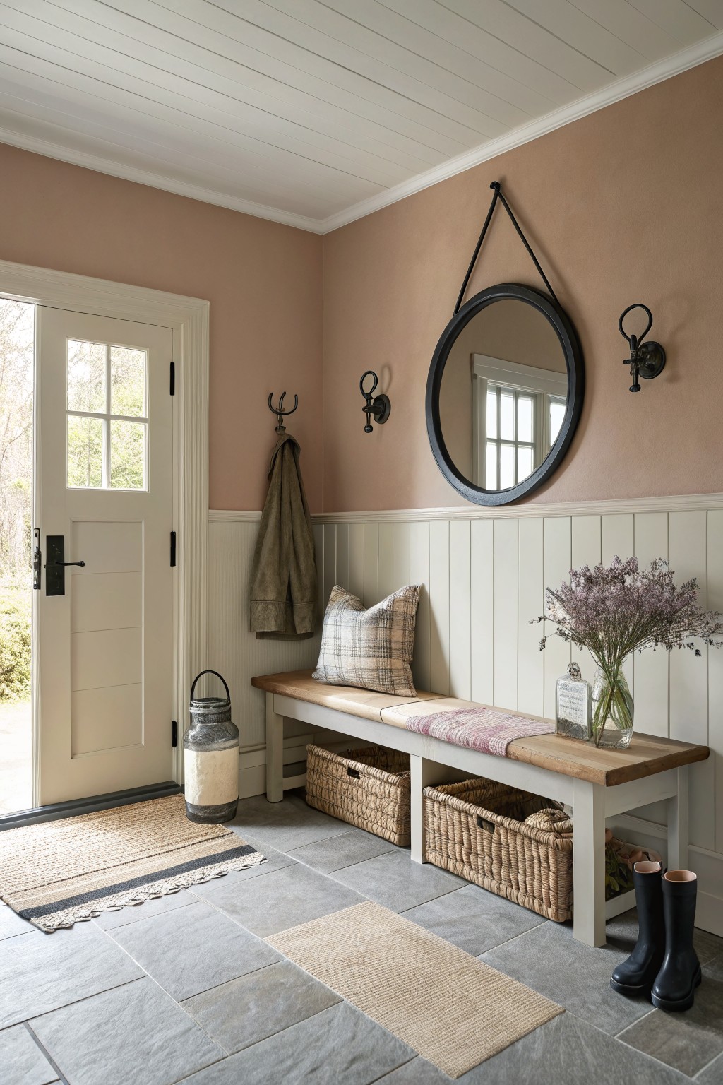 Warm beige walls with white wainscoting in a simple farmhouse entry.