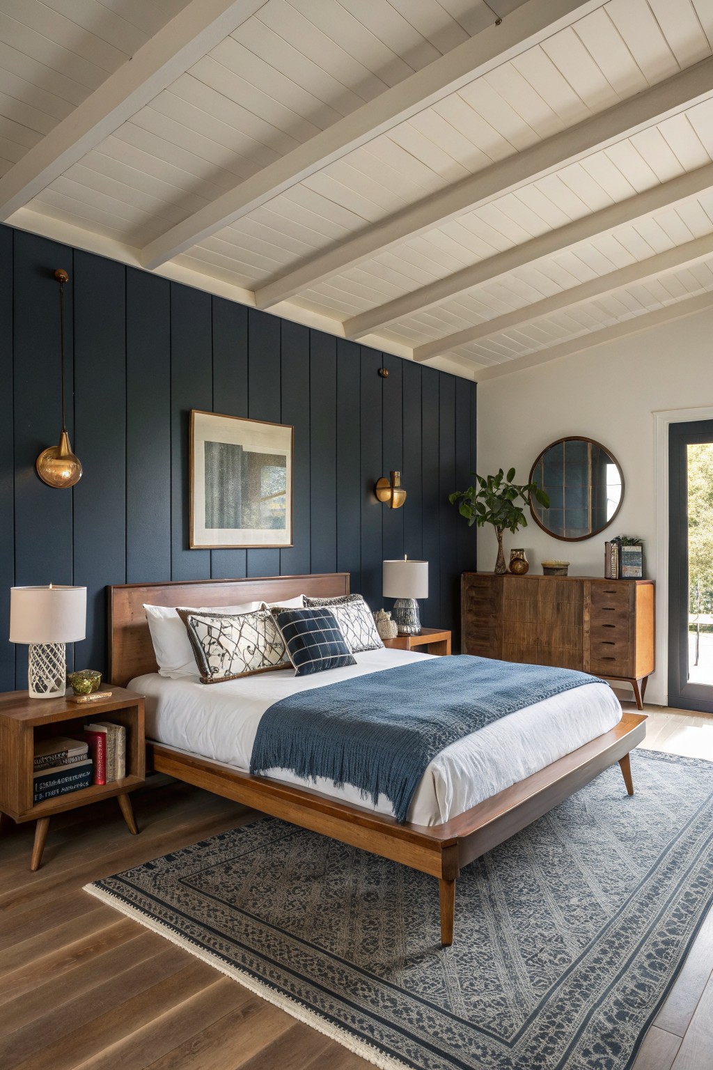 A bedroom featuring deep navy walls behind a wooden bed.