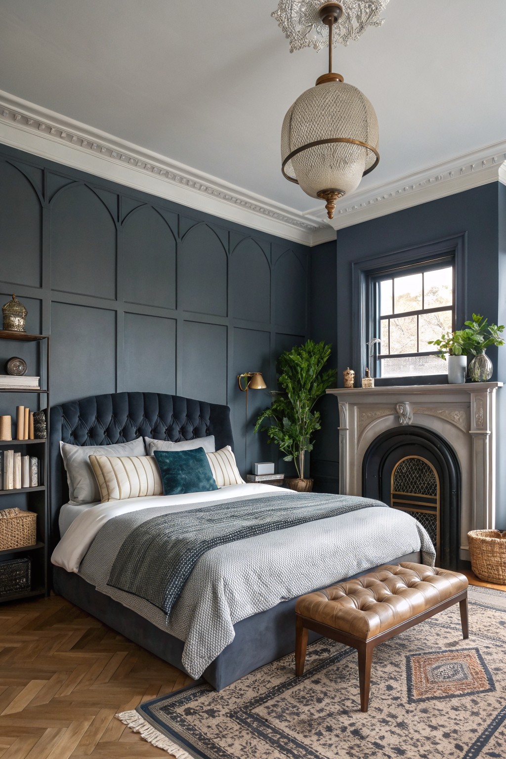 Bedroom walls painted in a deep blue gray color.
