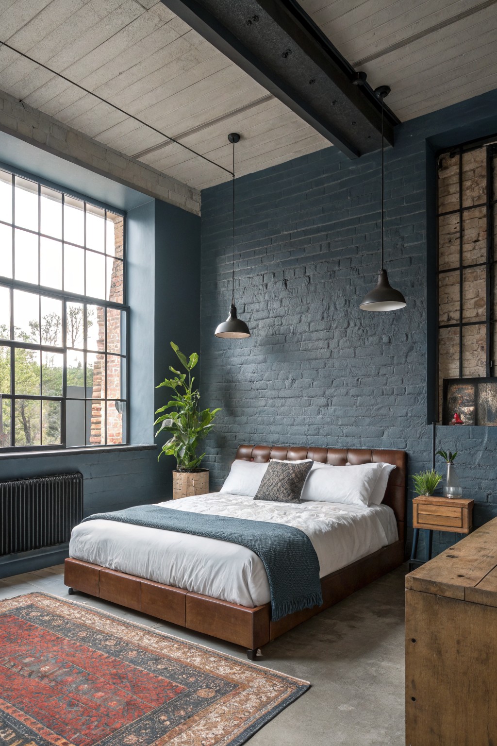 A bedroom featuring deep blue painted brick walls behind a bed with a brown leather frame.