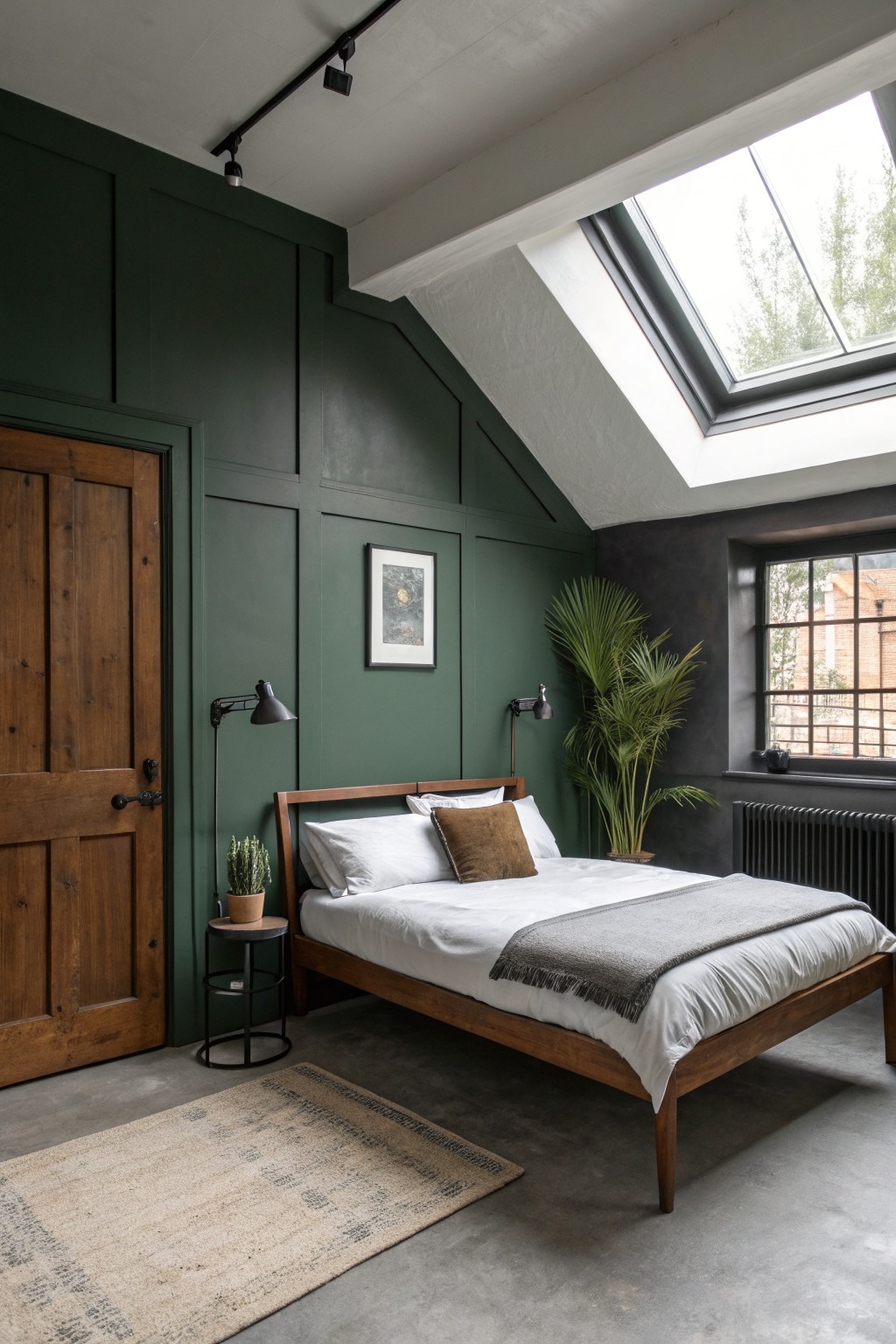 A bedroom with deep green walls and a wooden bed frame under a skylight.
