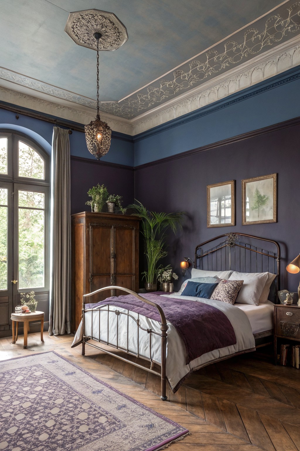 A bedroom featuring deep blue walls and a metal bed frame.